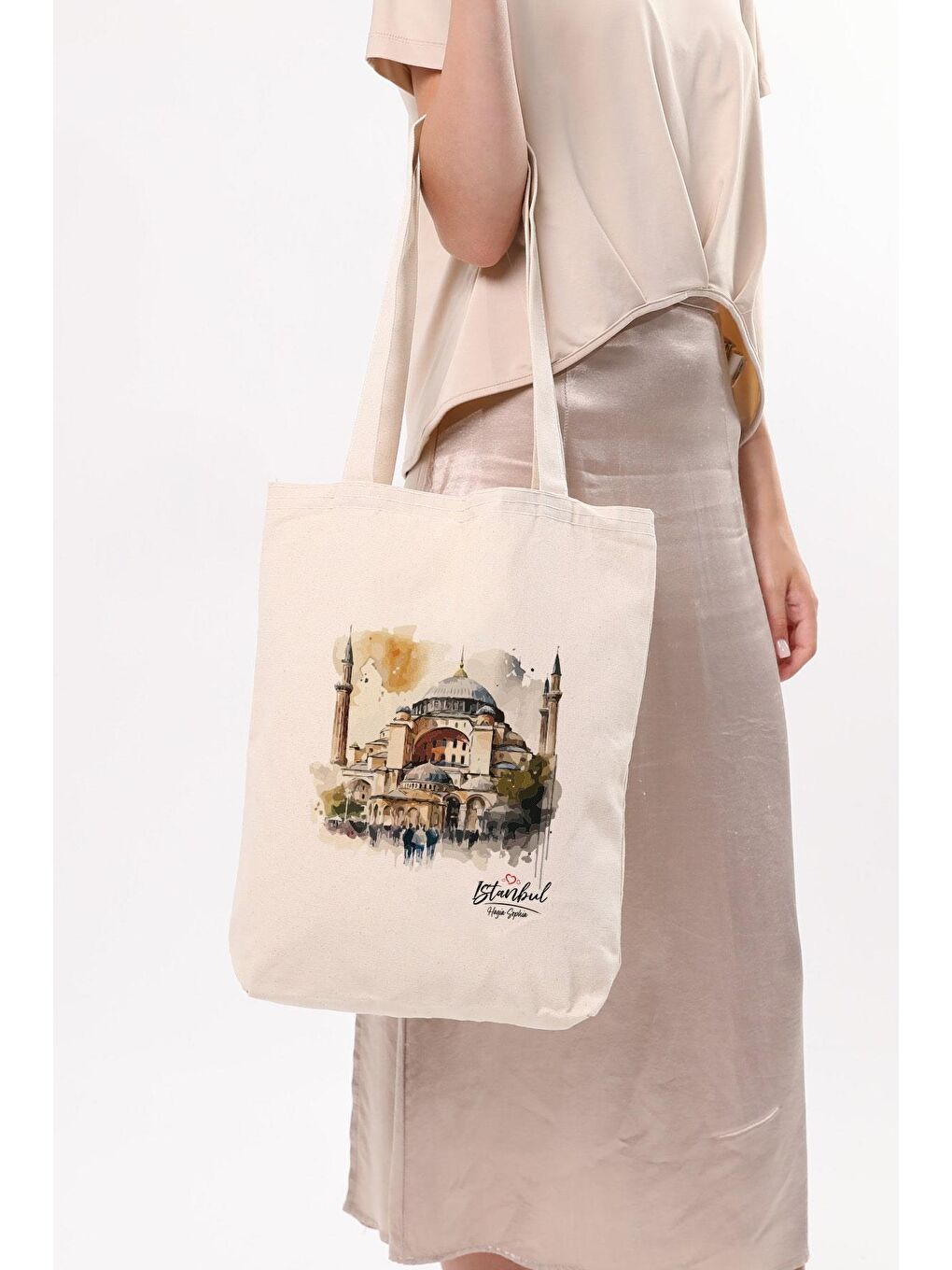Ekru Kanvas Suluboya Efektli Ayasofya Bez Çanta-5