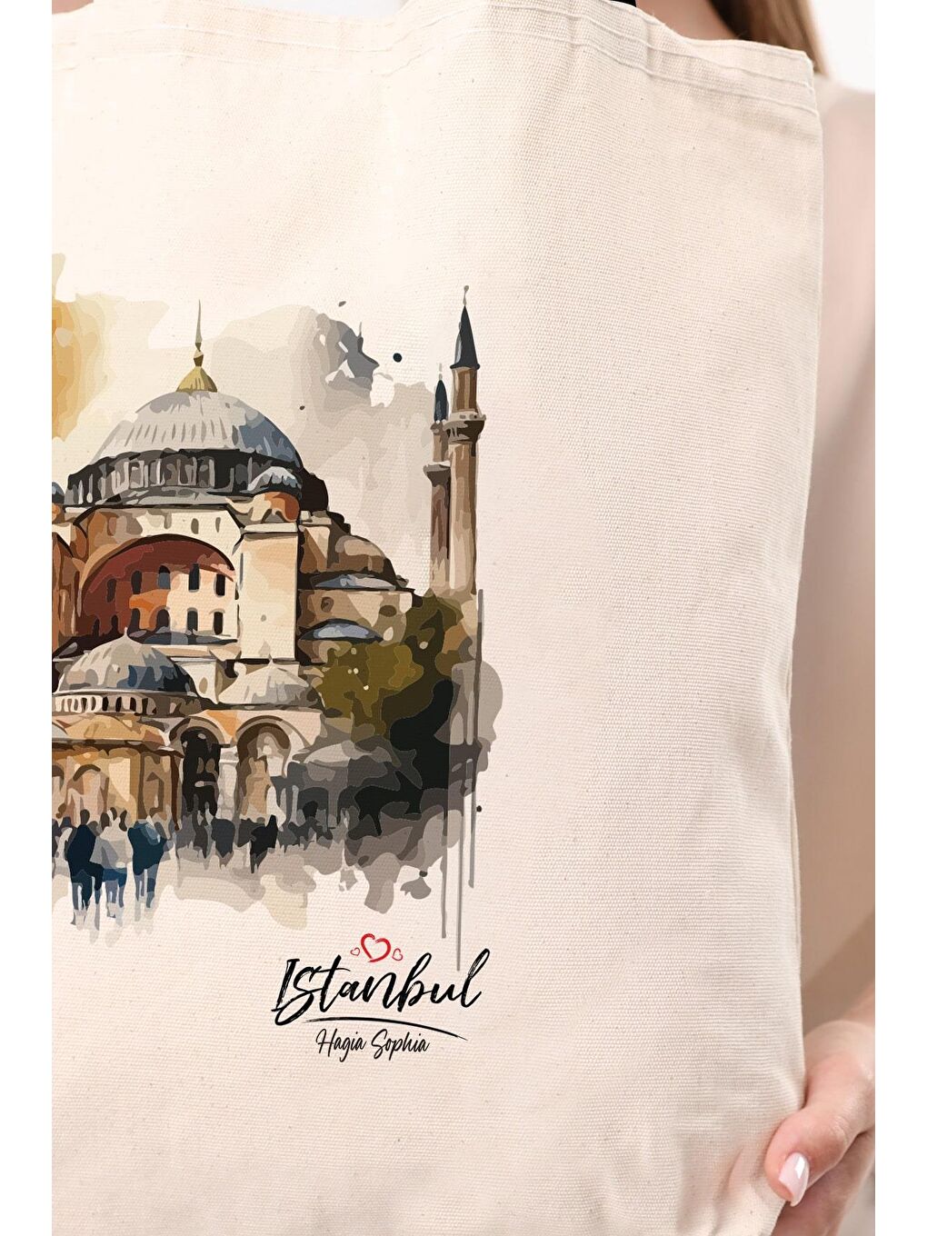 Ekru Kanvas Suluboya Efektli Ayasofya Bez Çanta-6