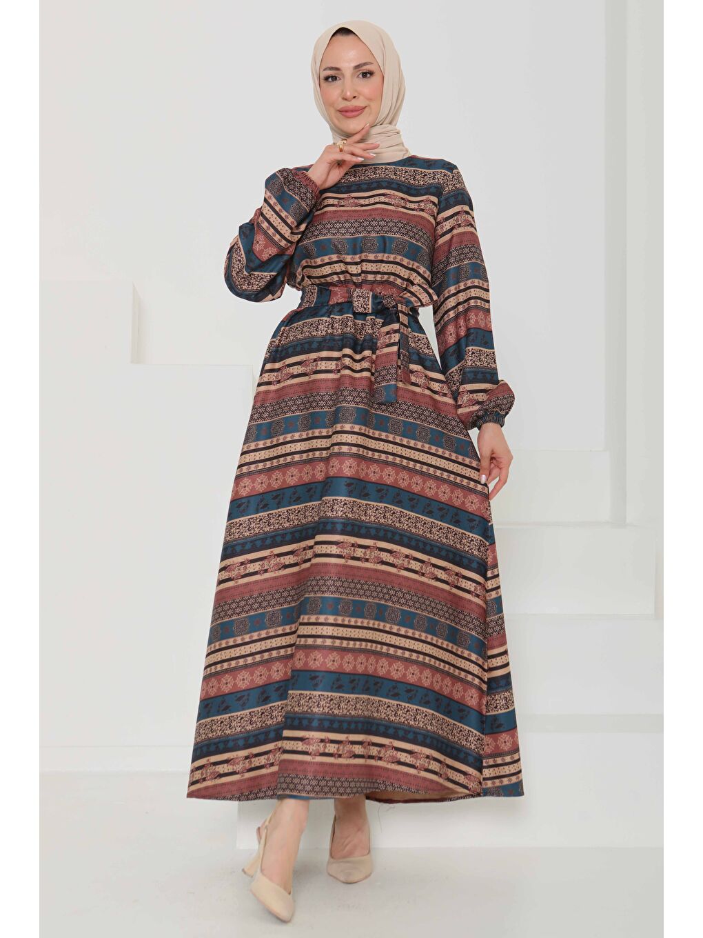 Desenli Kuşaklı Elbise Petrol - 27106-1