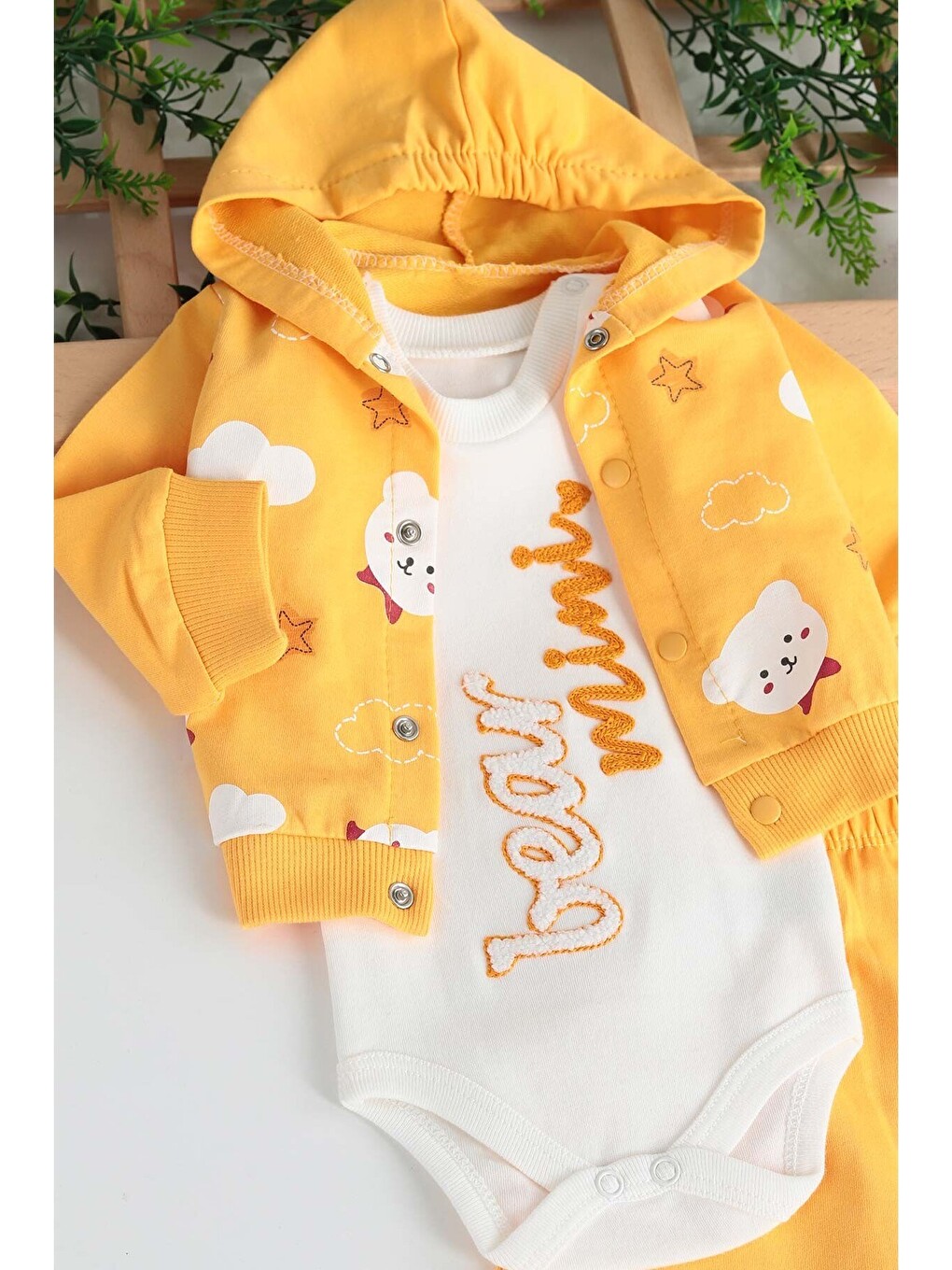 Sarı Erkek Bebek Mini Bear Desenli 3 Parça Mevsimlik Zıbın Takımı-1