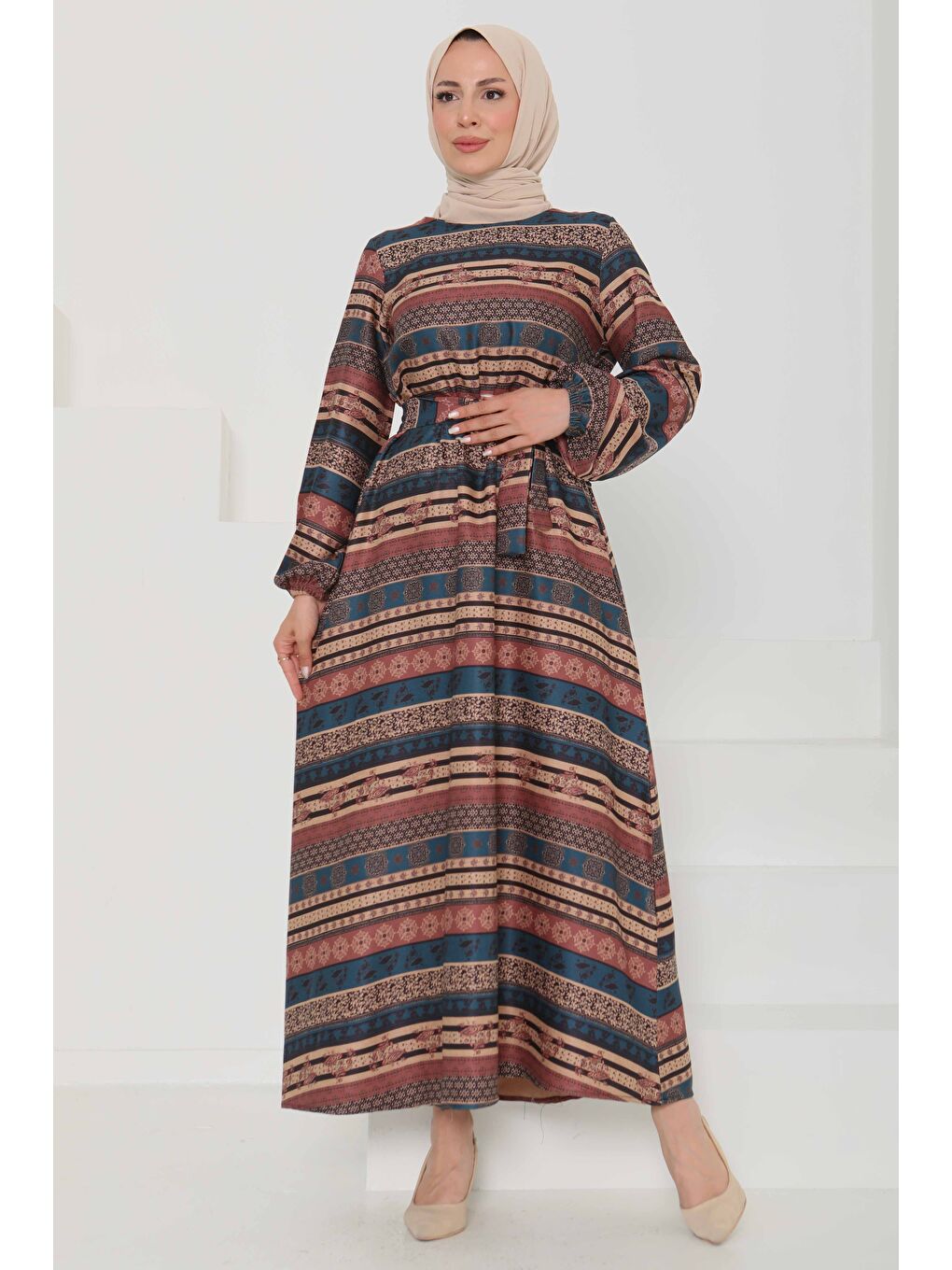 Desenli Kuşaklı Elbise Petrol - 27106-3