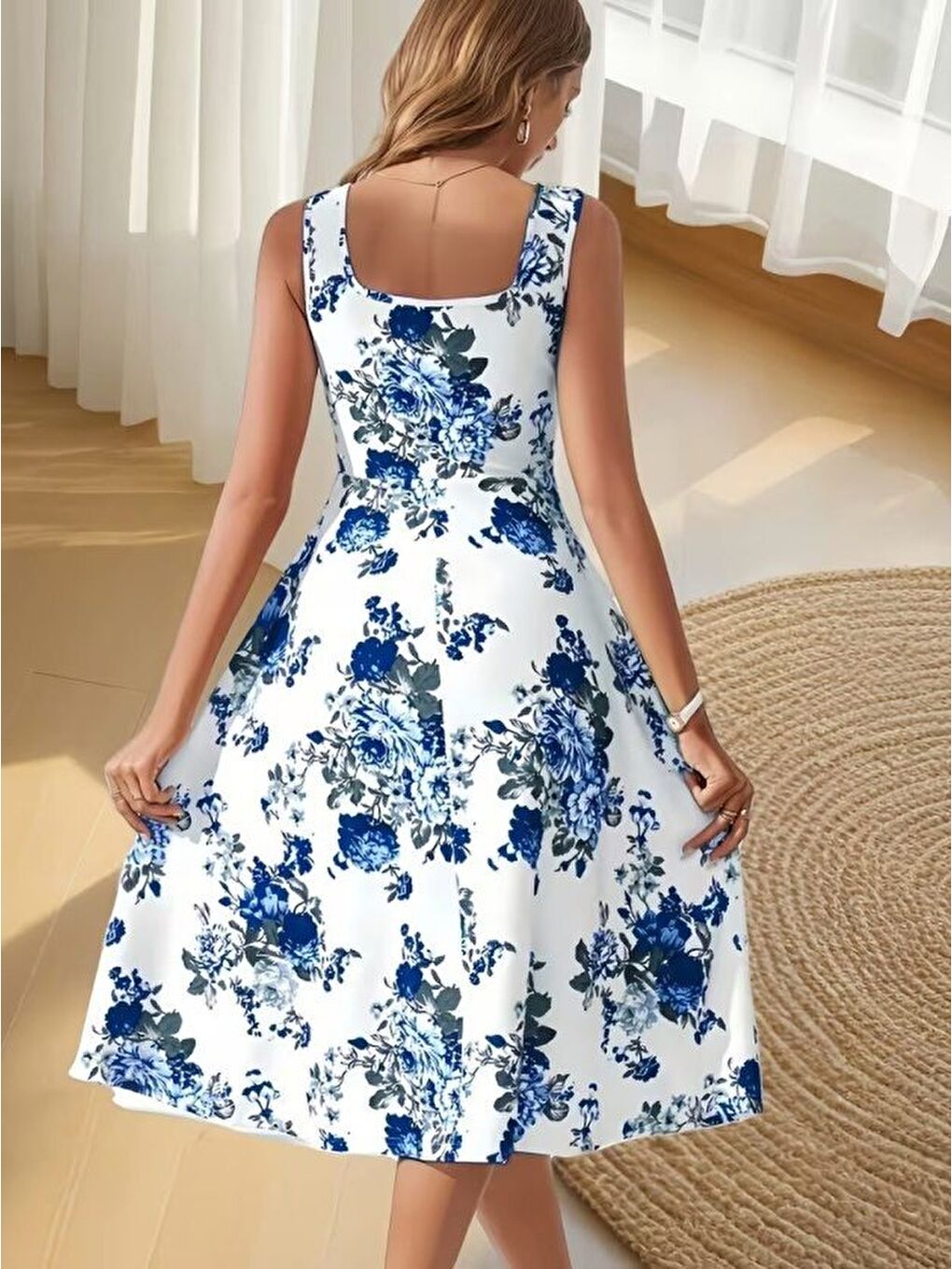 Mavi Kadın Askılı Kare Yakalı çiçek Desenli Midi Dalgıç Elbise-2