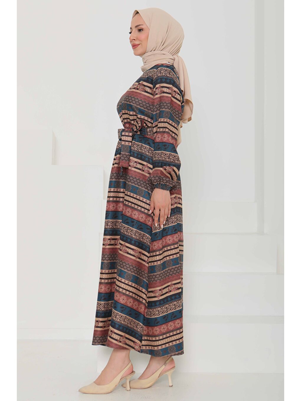 Desenli Kuşaklı Elbise Petrol - 27106-5