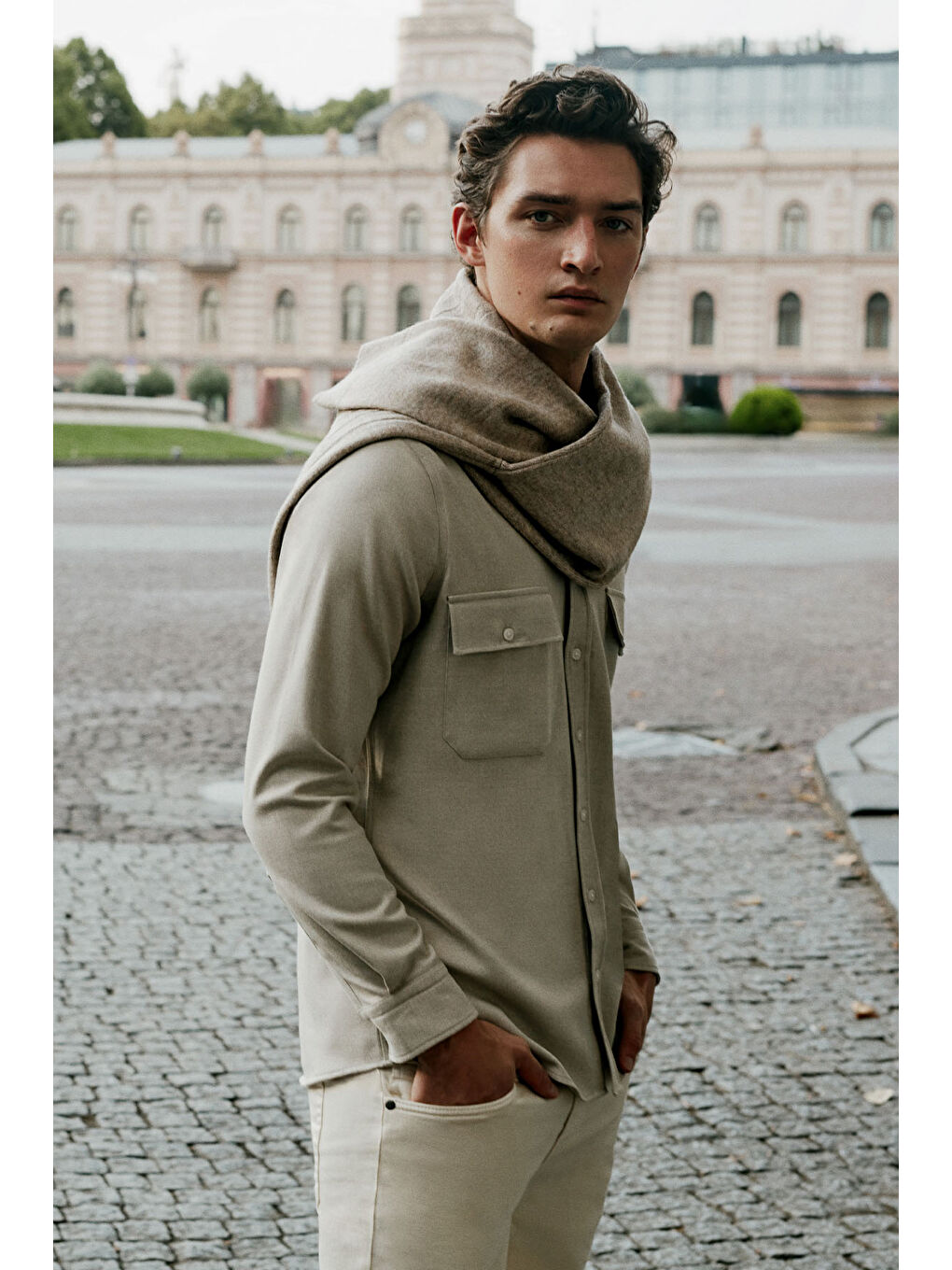 Erkek Bej Oxford Dar Kesim Klasik Yaka Çift Kapak Cepli Gömlek-5