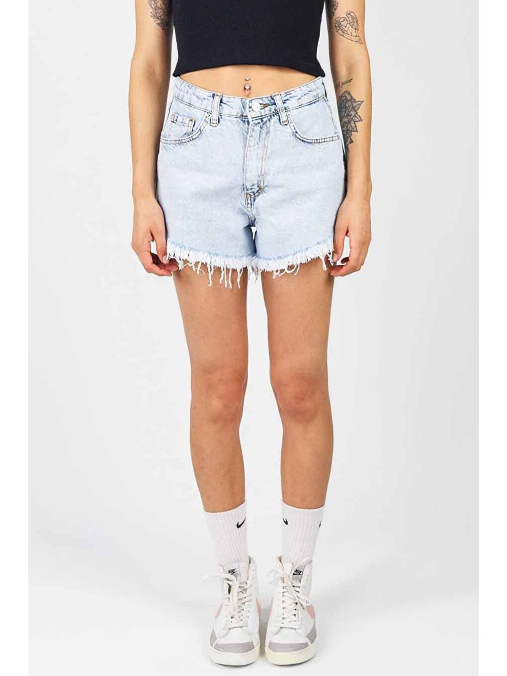 Püsküllü Jean Şort Buz Mavi - 27361