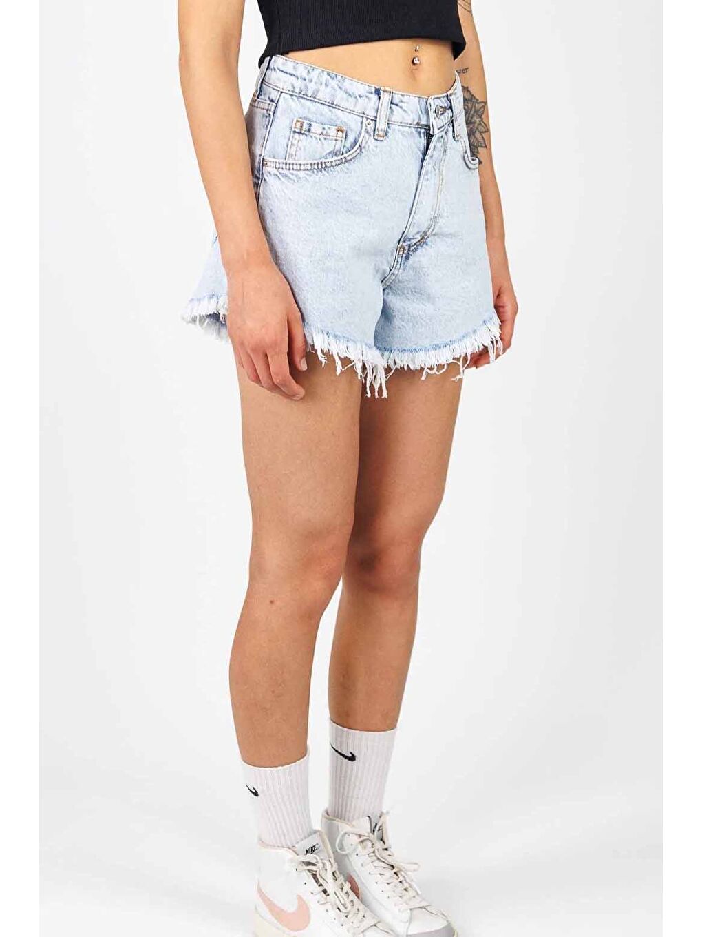 Püsküllü Jean Şort Buz Mavi - 27361-1