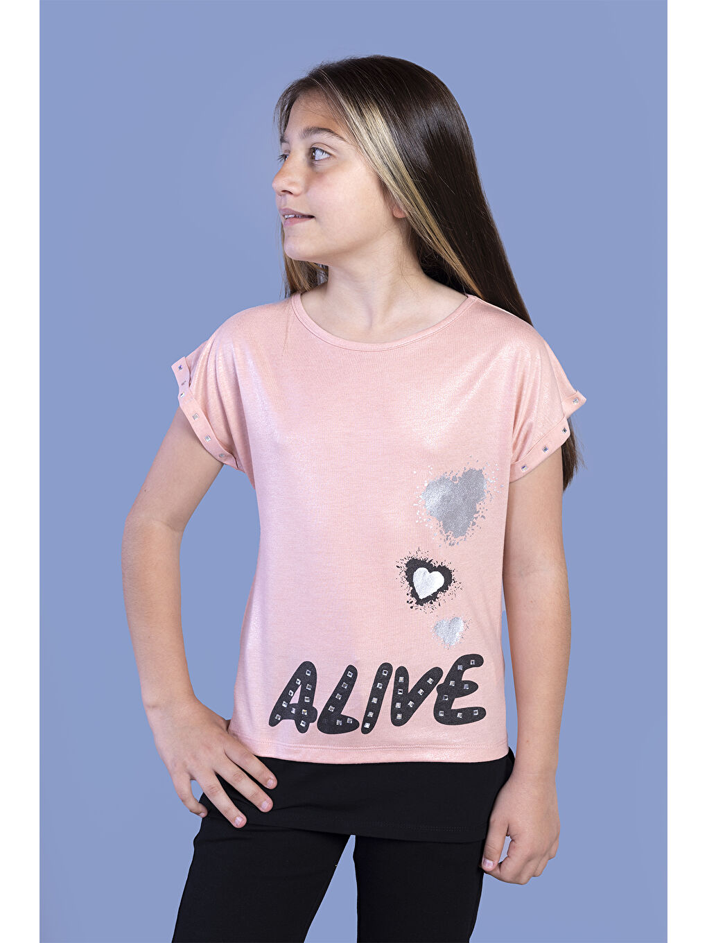 Pembe Kız Çocuk Simli Garni Detaylı Baskılı Tişört