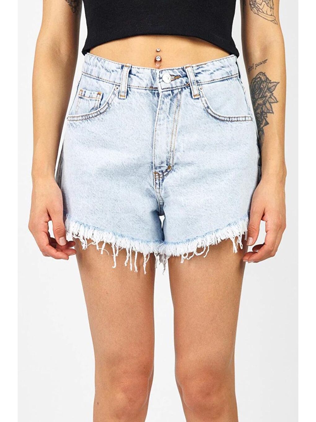 Püsküllü Jean Şort Buz Mavi - 27361-2