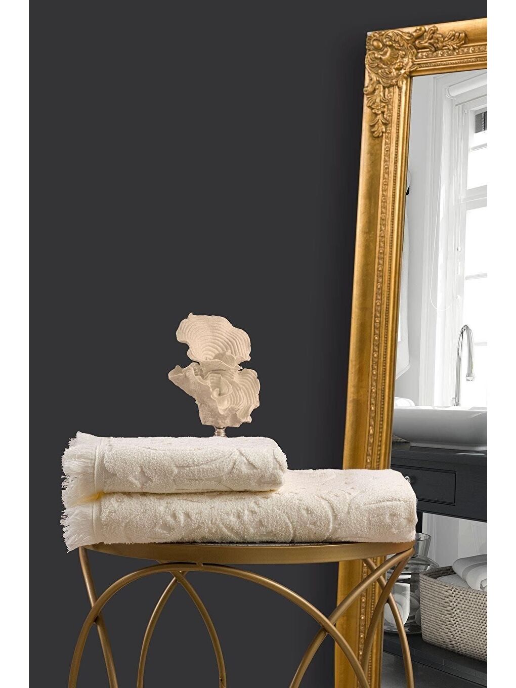 Ekru Jacquard %100 Pamuk Banyo Havlusu 90x150 cm-1