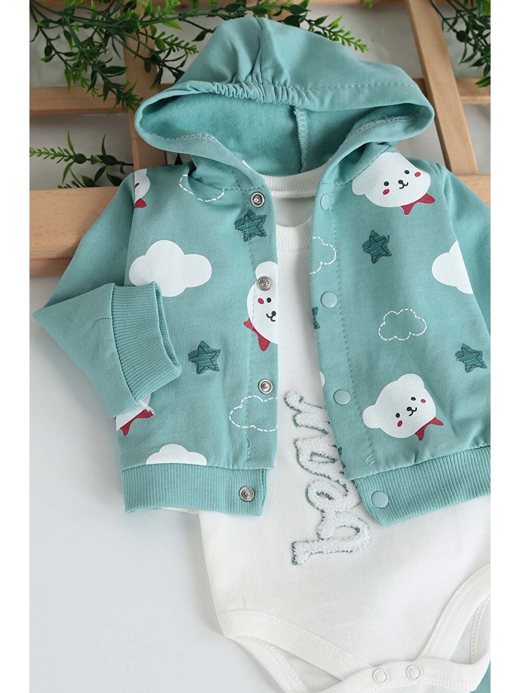 Yeşil Erkek Bebek Mini Bear Desenli 3 Parça Mevsimlik Zıbın Takımı-2