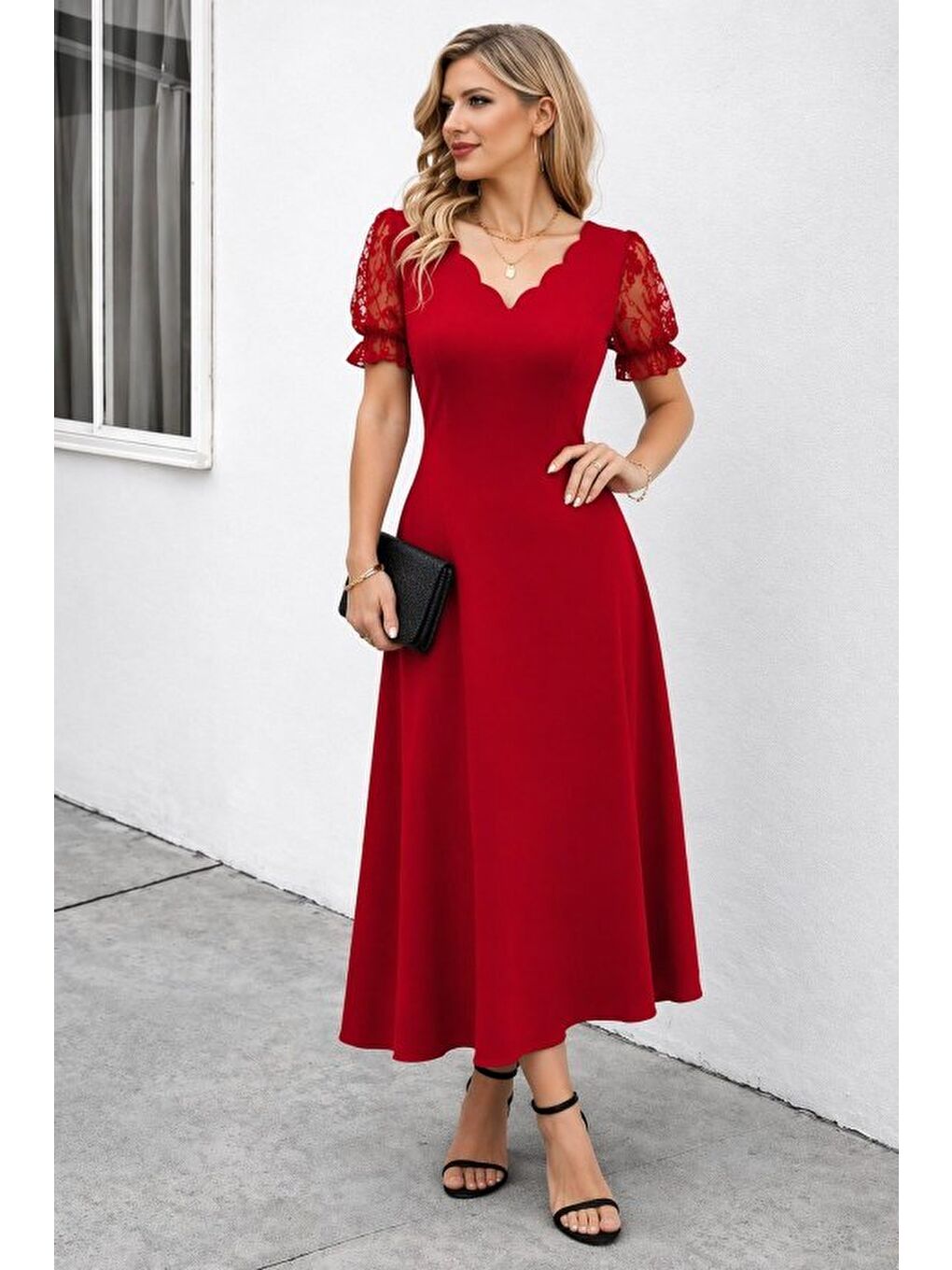 Kırmızı Kadın Kısa Kollu V Yakalı Uzun Janjan Elbise-1