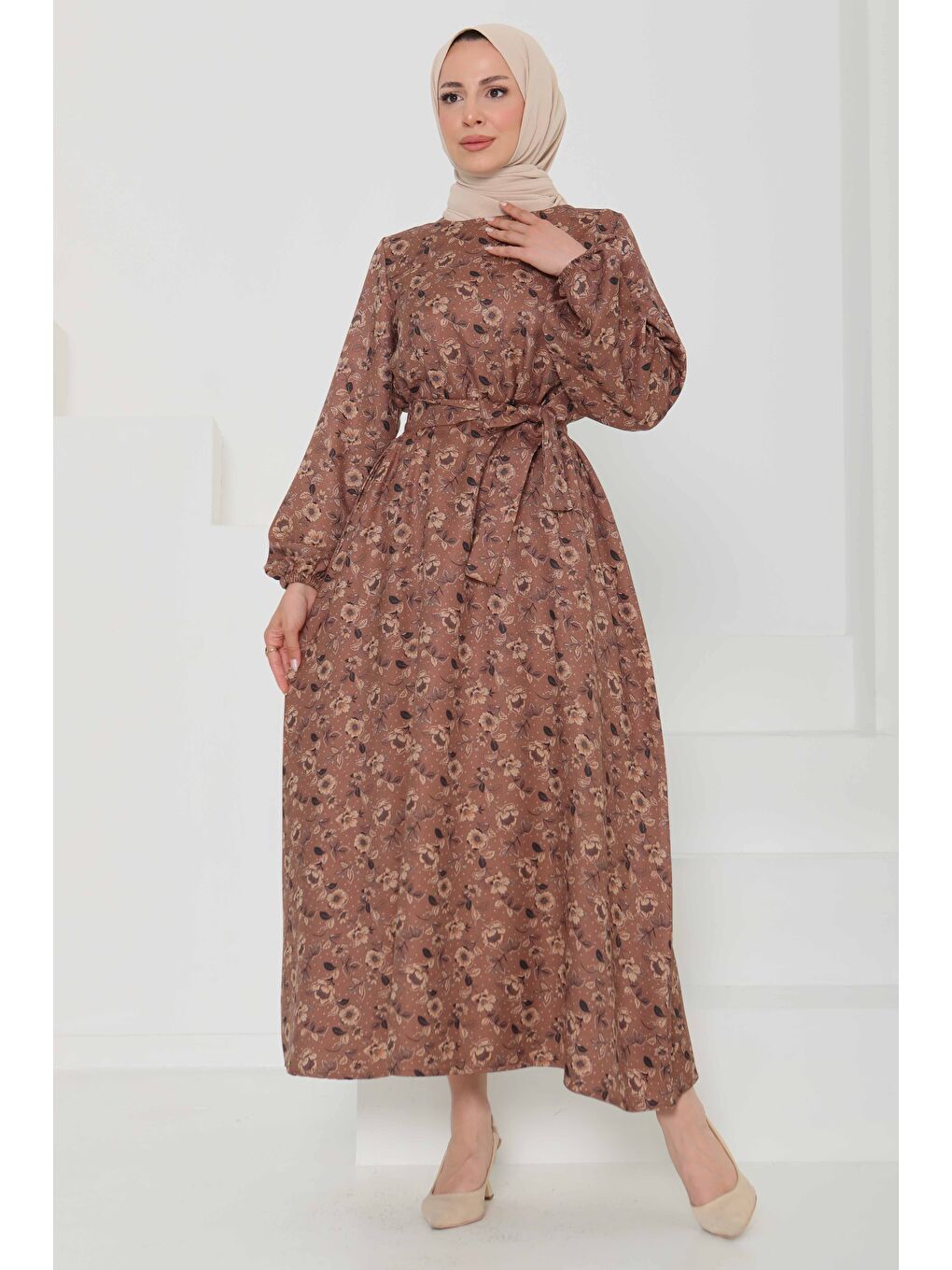Bej Çiçek Desenli Kuşaklı Elbise Vizon - 27103-2