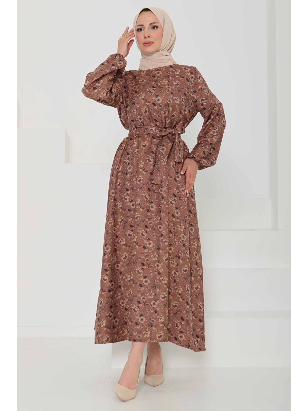 Bej Çiçek Desenli Kuşaklı Elbise Vizon - 27103-3