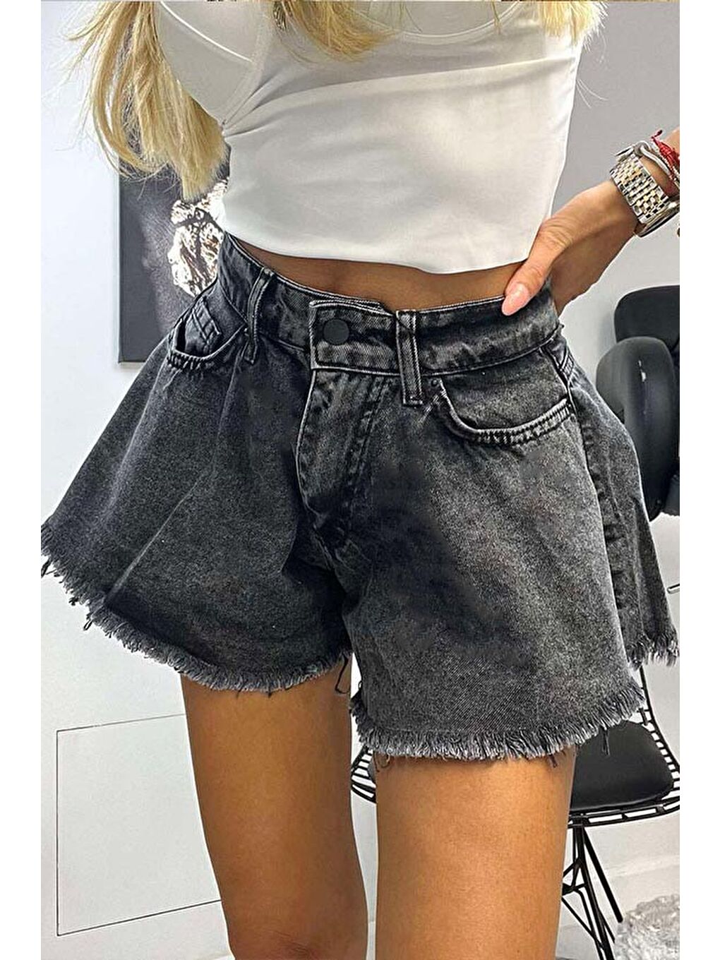 Püsküllü Jean Şort Açik Gri - 27361-1