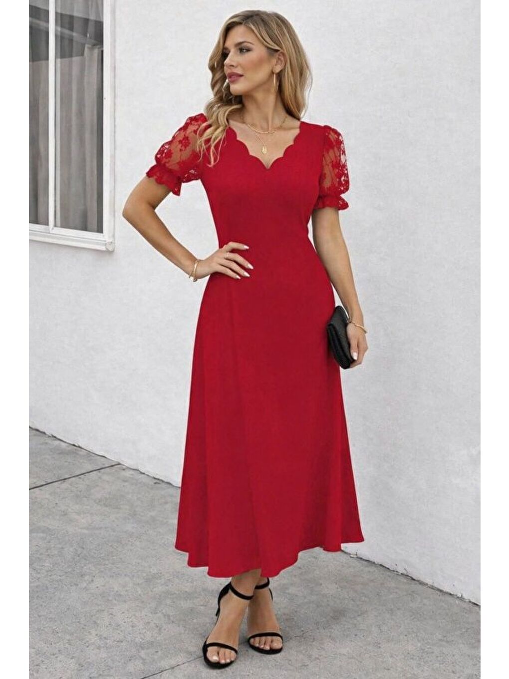 Kırmızı Kadın Kısa Kollu V Yakalı Uzun Janjan Elbise-2