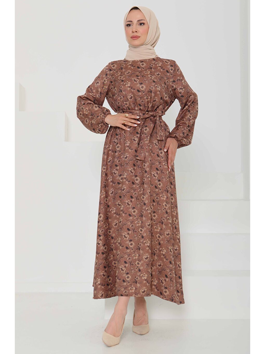 Bej Çiçek Desenli Kuşaklı Elbise Vizon - 27103-4