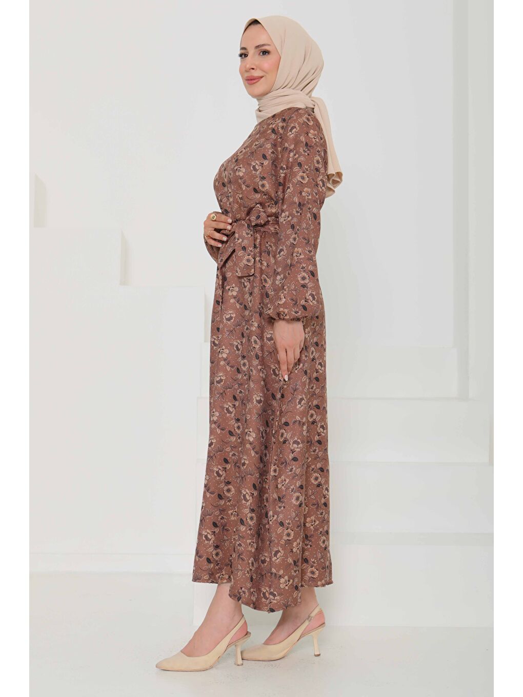 Bej Çiçek Desenli Kuşaklı Elbise Vizon - 27103-5
