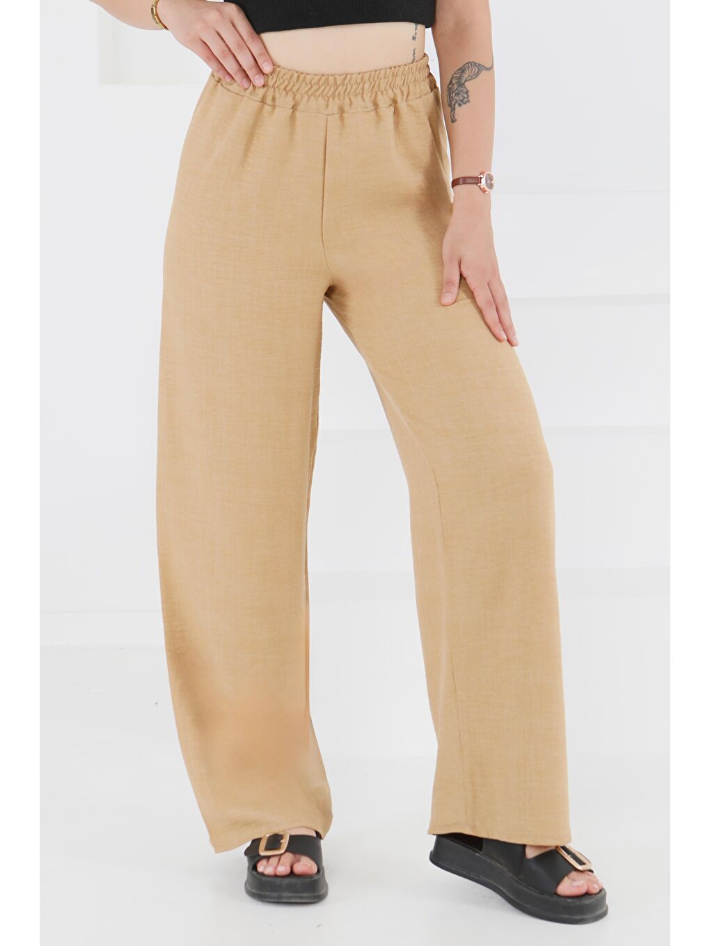 Bej Beli Lastikli Salaş Pantolon Vizon - 27461