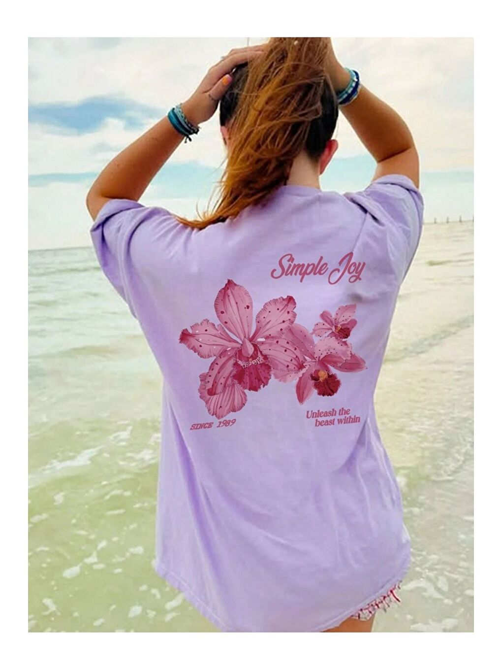 Kadın Lila Simple Joy Baskılı Oversize Tişört