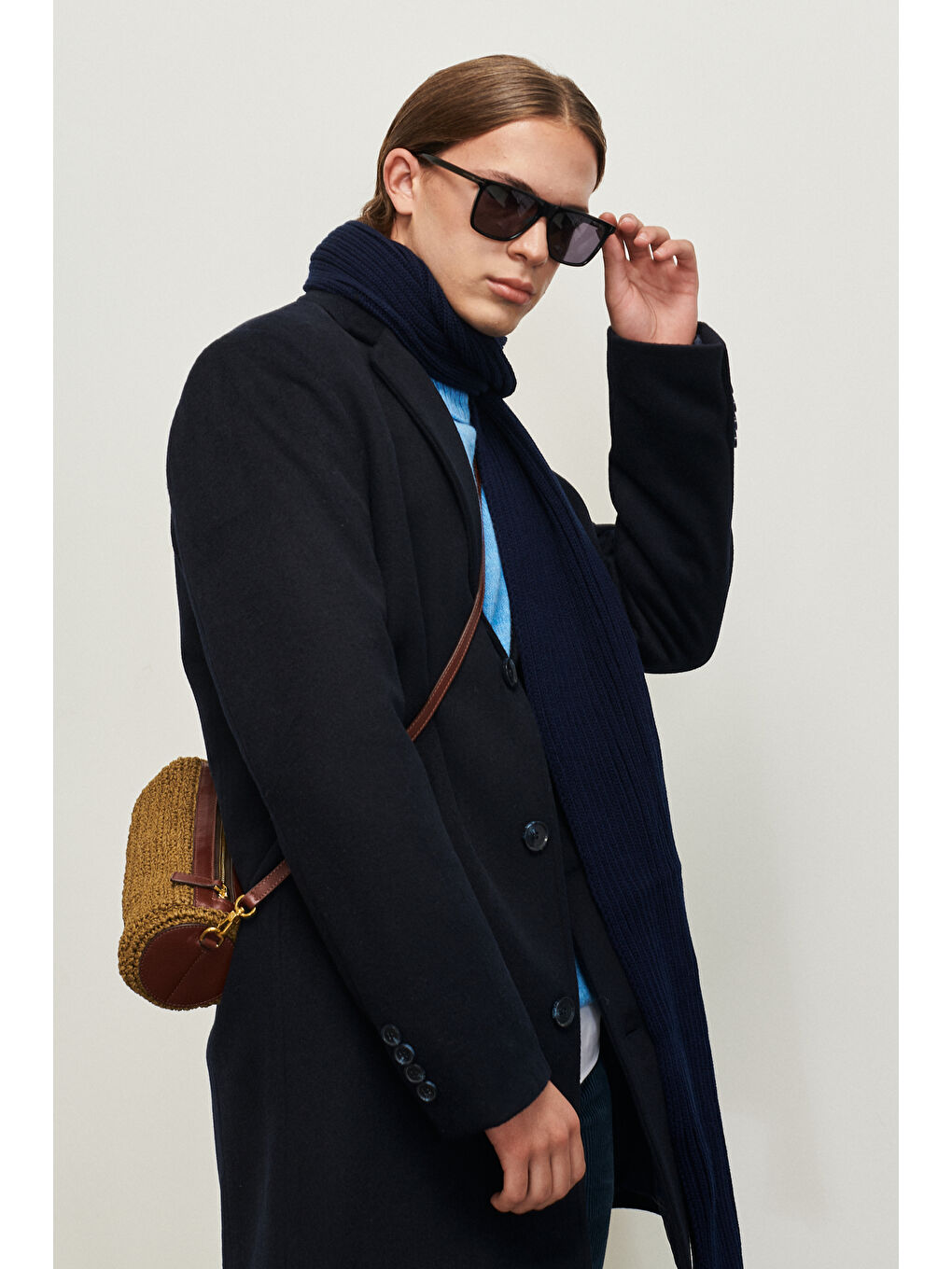 Erkek Lacivert Standart Fit Normal Kesim Mono Yaka Yünlü Palto-2