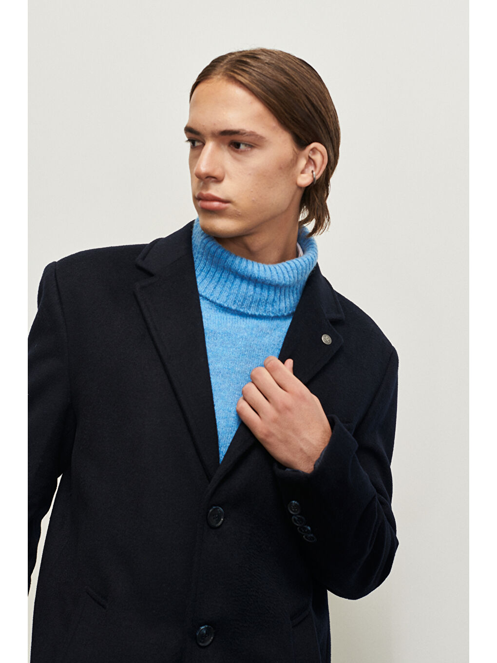 Erkek Lacivert Standart Fit Normal Kesim Mono Yaka Yünlü Palto-3