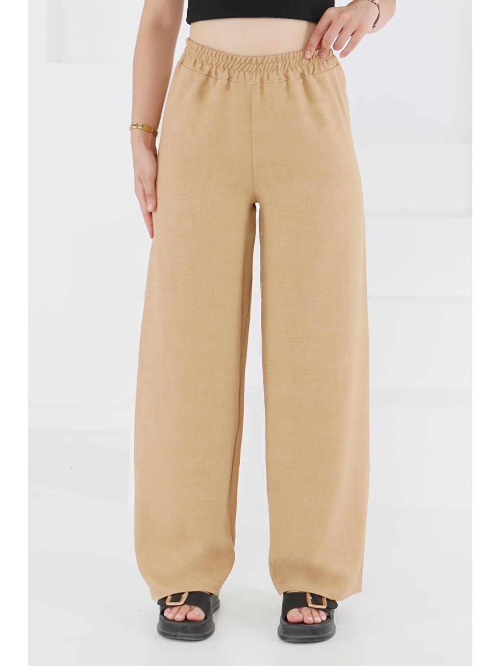 Bej Beli Lastikli Salaş Pantolon Vizon - 27461-1