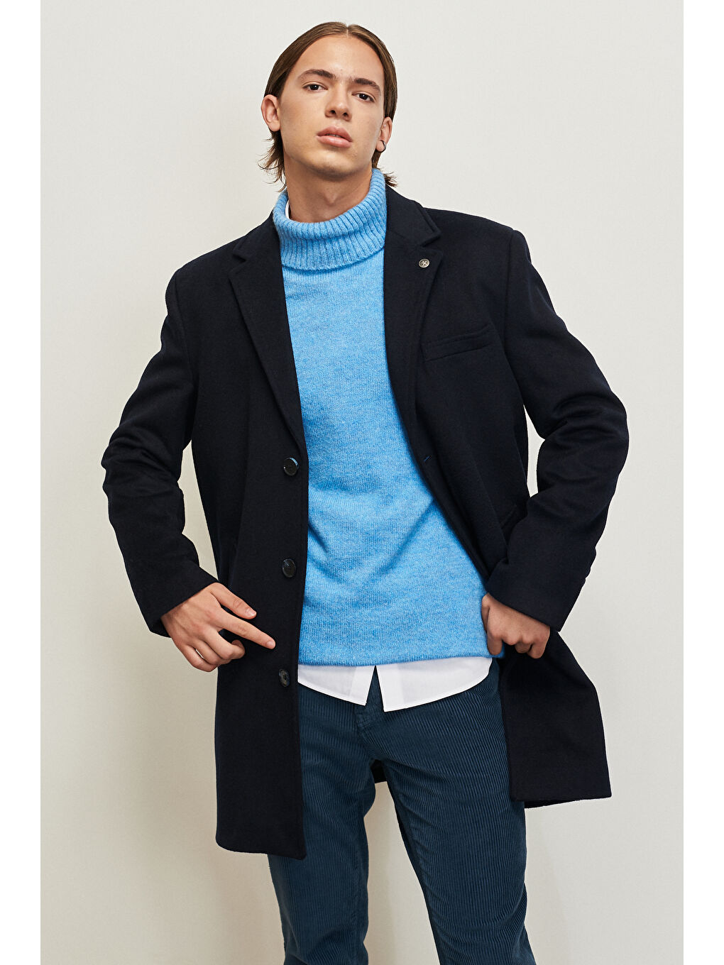 Erkek Lacivert Standart Fit Normal Kesim Mono Yaka Yünlü Palto-4