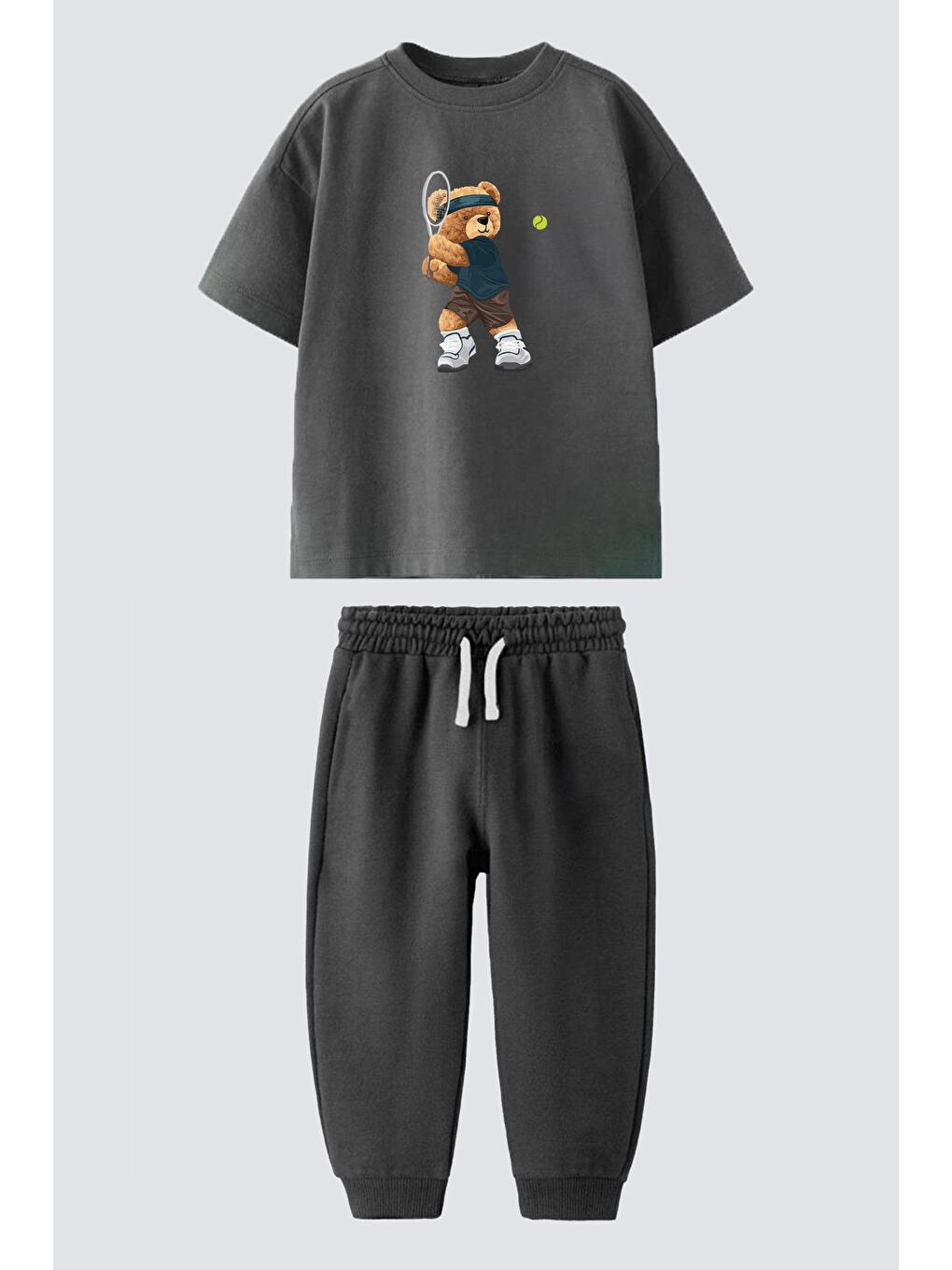 Antrasit Erkek Çocuk Pamuklu Ayıcık Baskılı T-Shirt Ve Eşofman 2'Li Takım