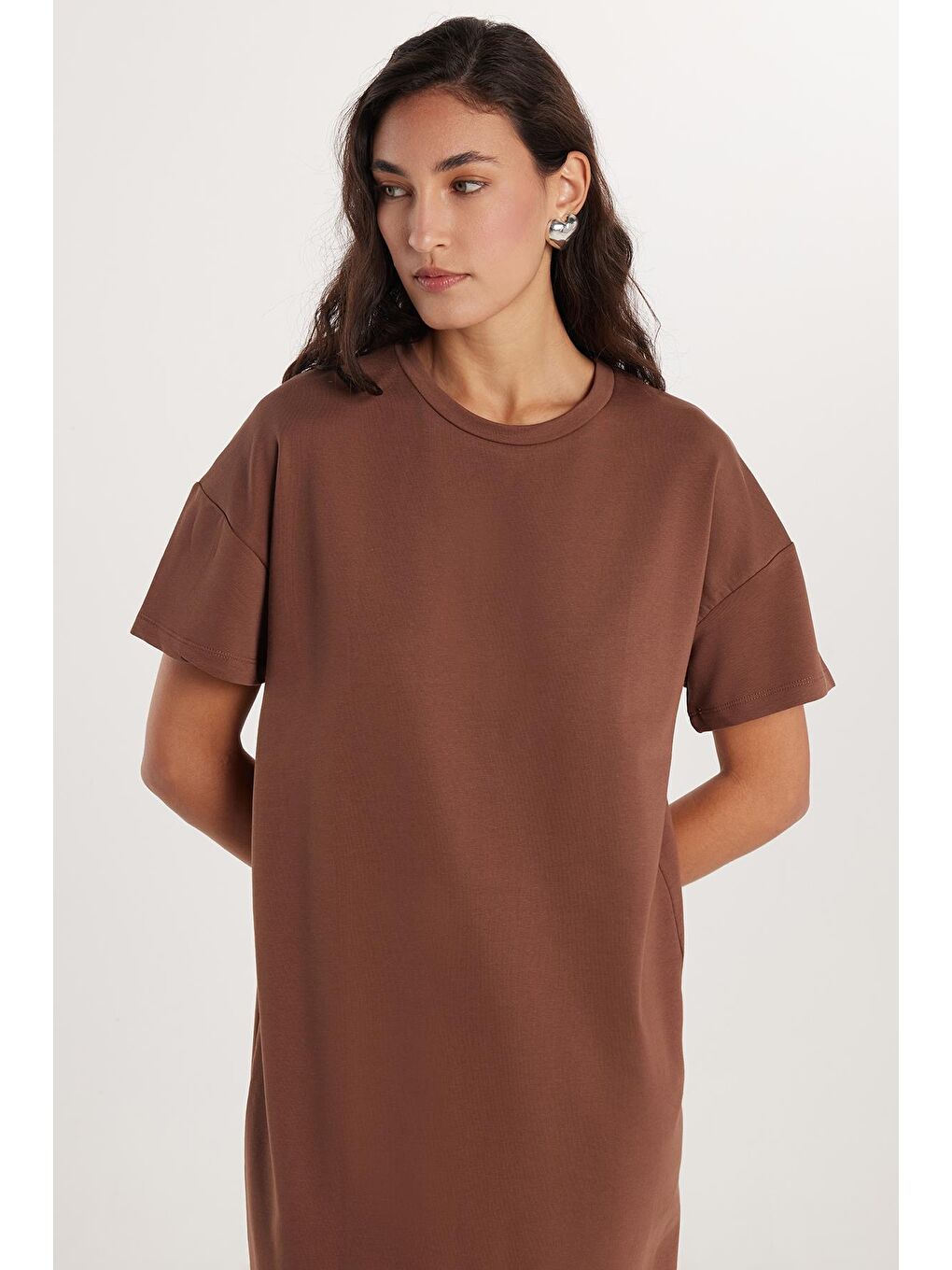 Kadın Regular Fit Kısa Kollu Esnek Kumaş Cepli Bisiklet Yaka Kahverengi Elbise-1