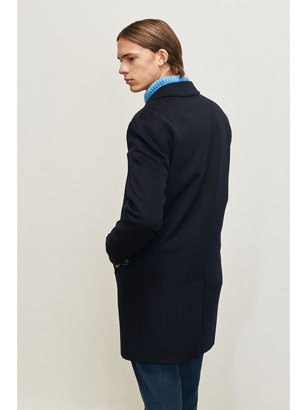 Erkek Lacivert Standart Fit Normal Kesim Mono Yaka Yünlü Palto-6
