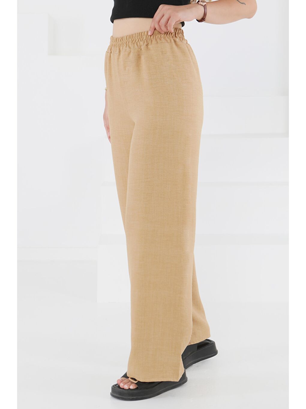 Bej Beli Lastikli Salaş Pantolon Vizon - 27461-2