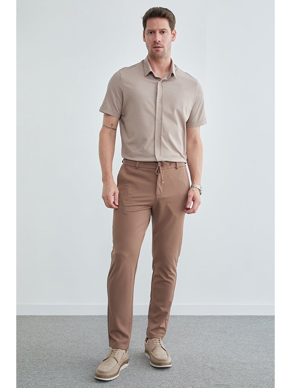 Kahverengi Beli Bağlamalı Waffle Kumaş Pantolon-3