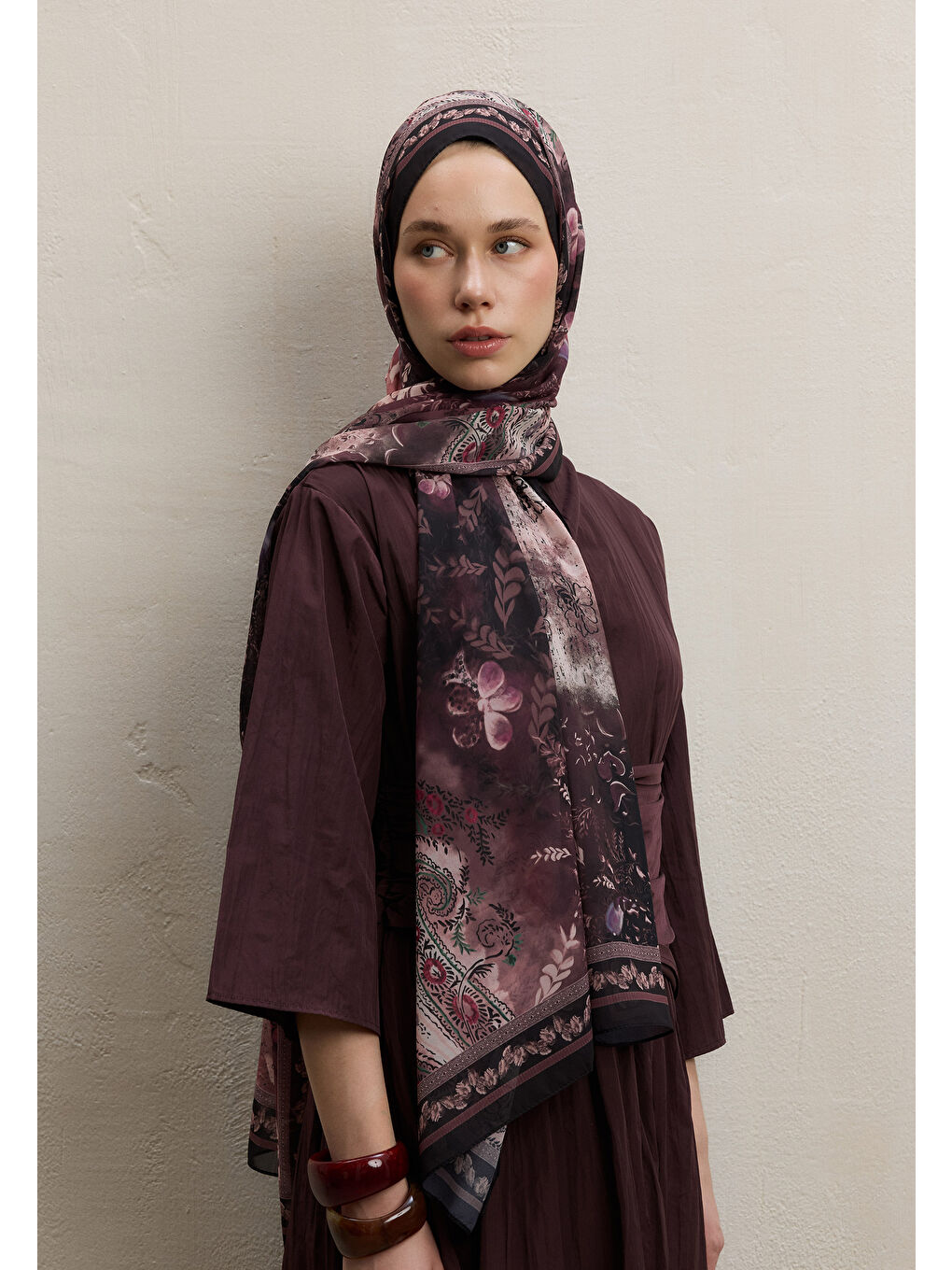 Ellen Desen İpek Krep Şal Mürdüm