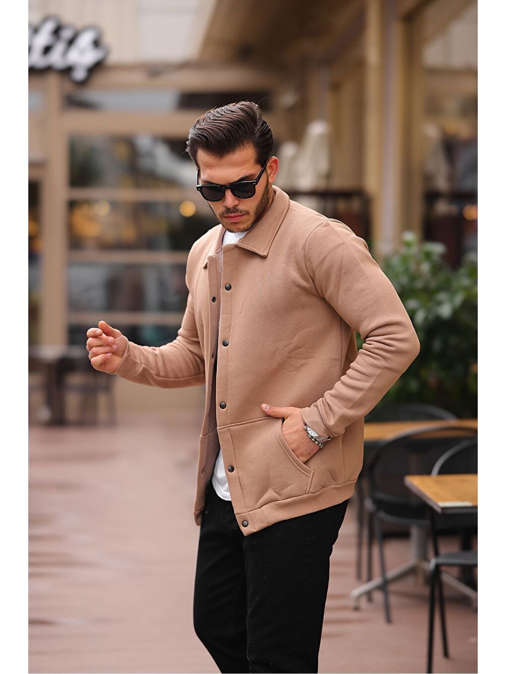 Bej Çıtçıtlı Cepli İçi Şardonlu Sweatshirt Ceket