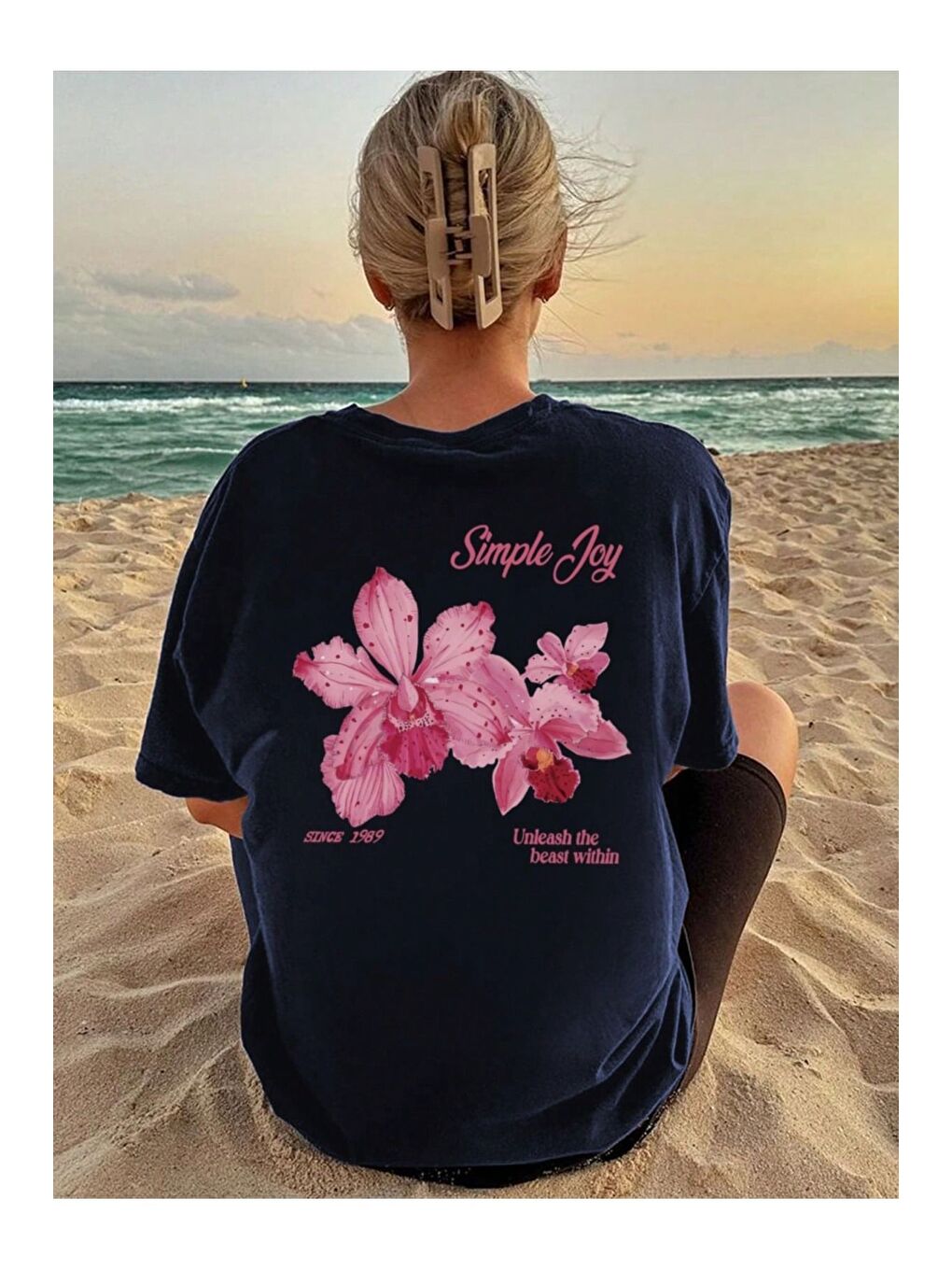 Kadın Lacivert Simple Joy Baskılı Oversize Tişört