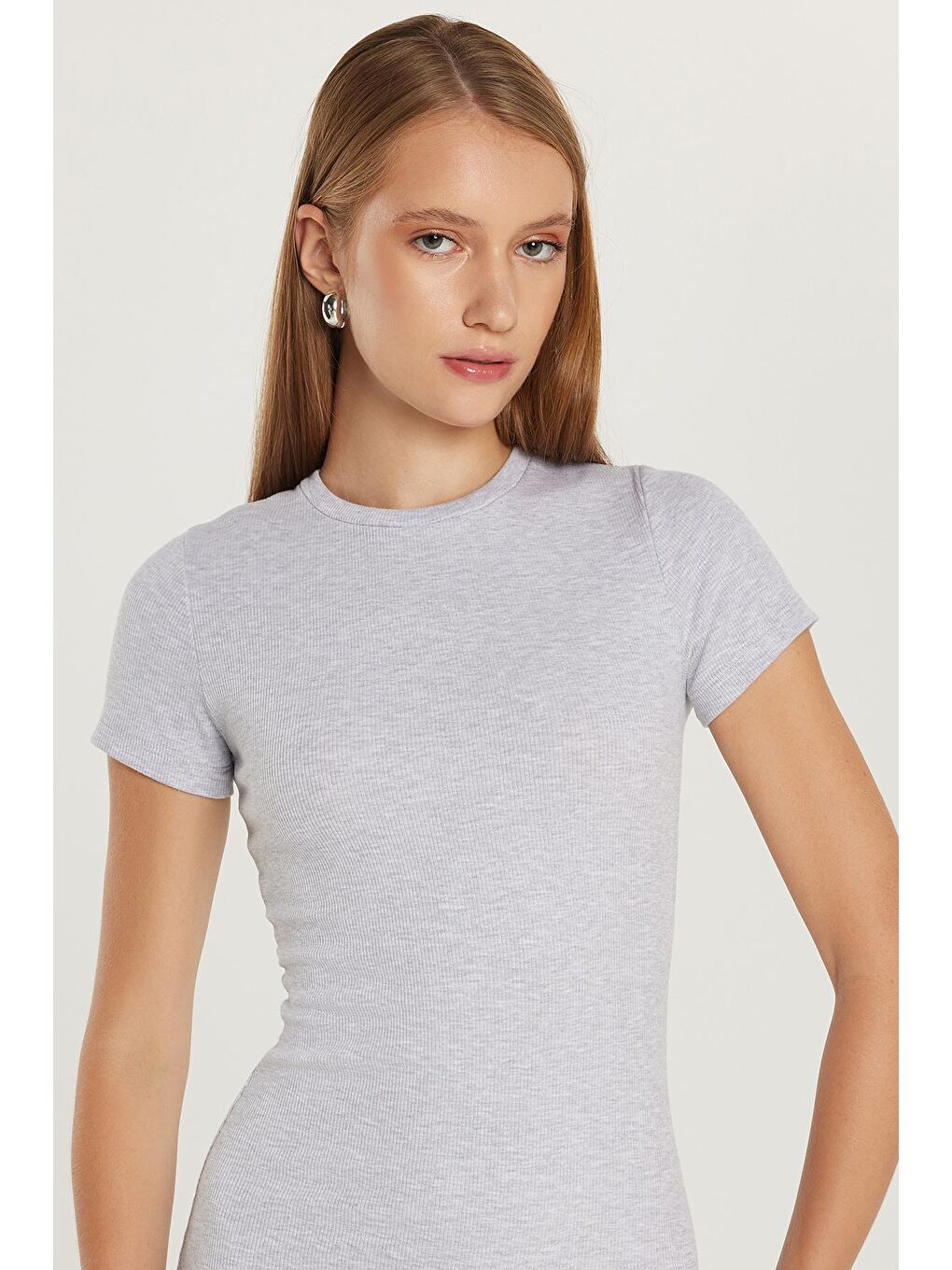 Kadın Standart Fit Bisiklet Yaka Kısa Kollu Modal Kumaş Midi Boy Gri Elbise-1