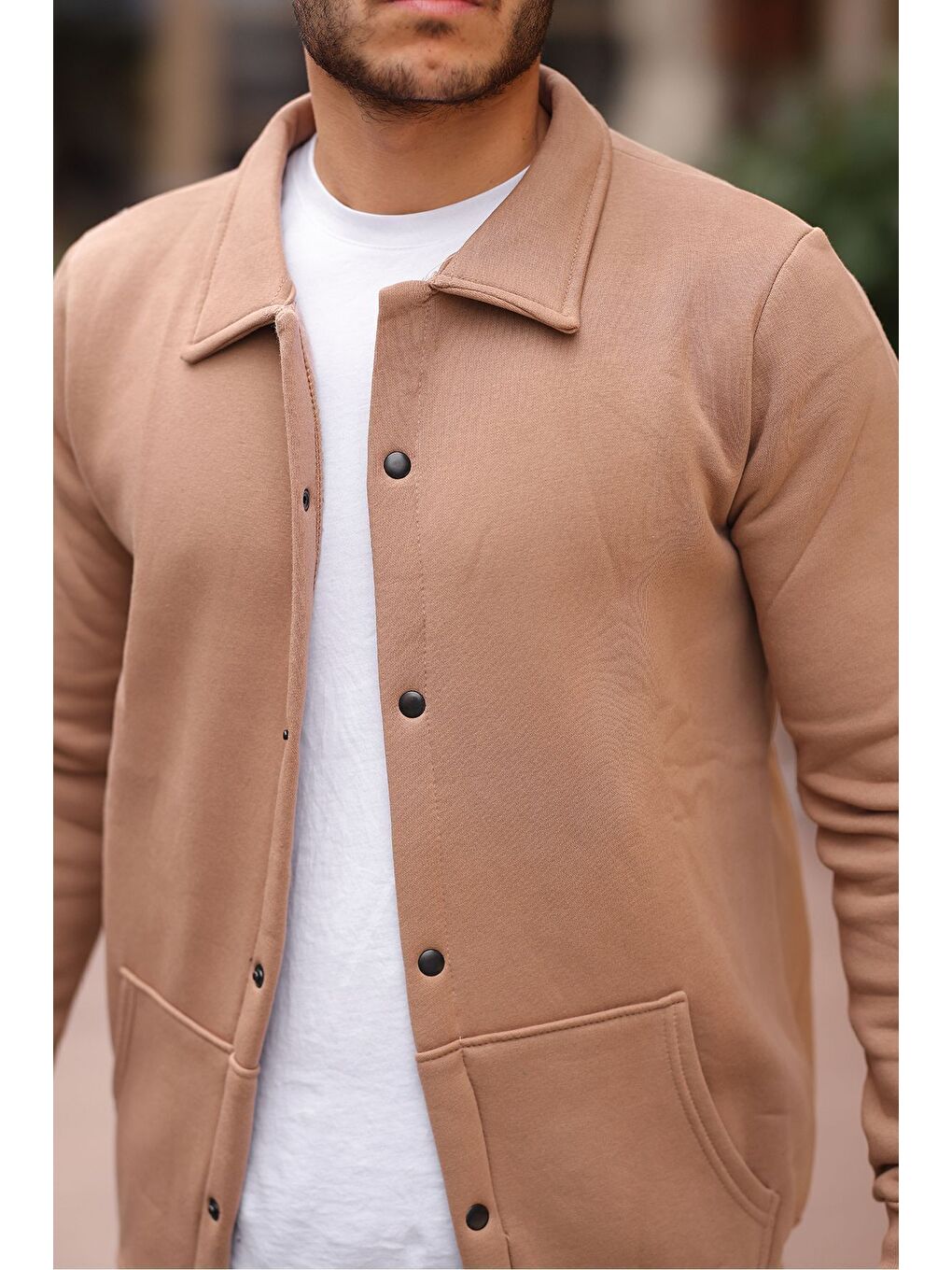 Bej Çıtçıtlı Cepli İçi Şardonlu Sweatshirt Ceket-1