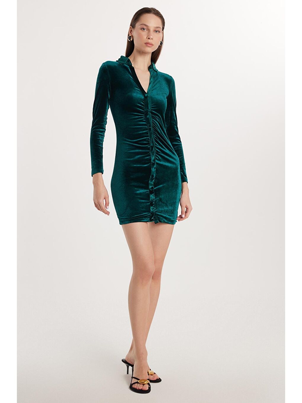 Kadın Slim Fit Dar Kesim Kısa Kol Yeşil Mini Boy Elbise