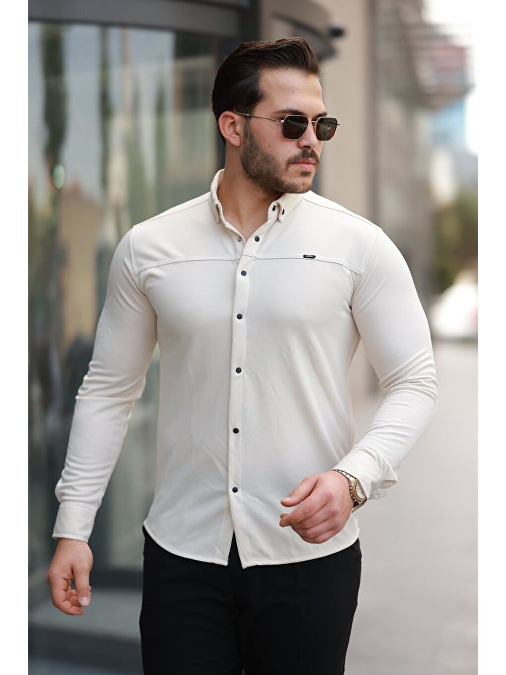 Beyaz Erkek çıtçıt Düğmeli Dikiş Detaylı Uzun Kollu Gömlek