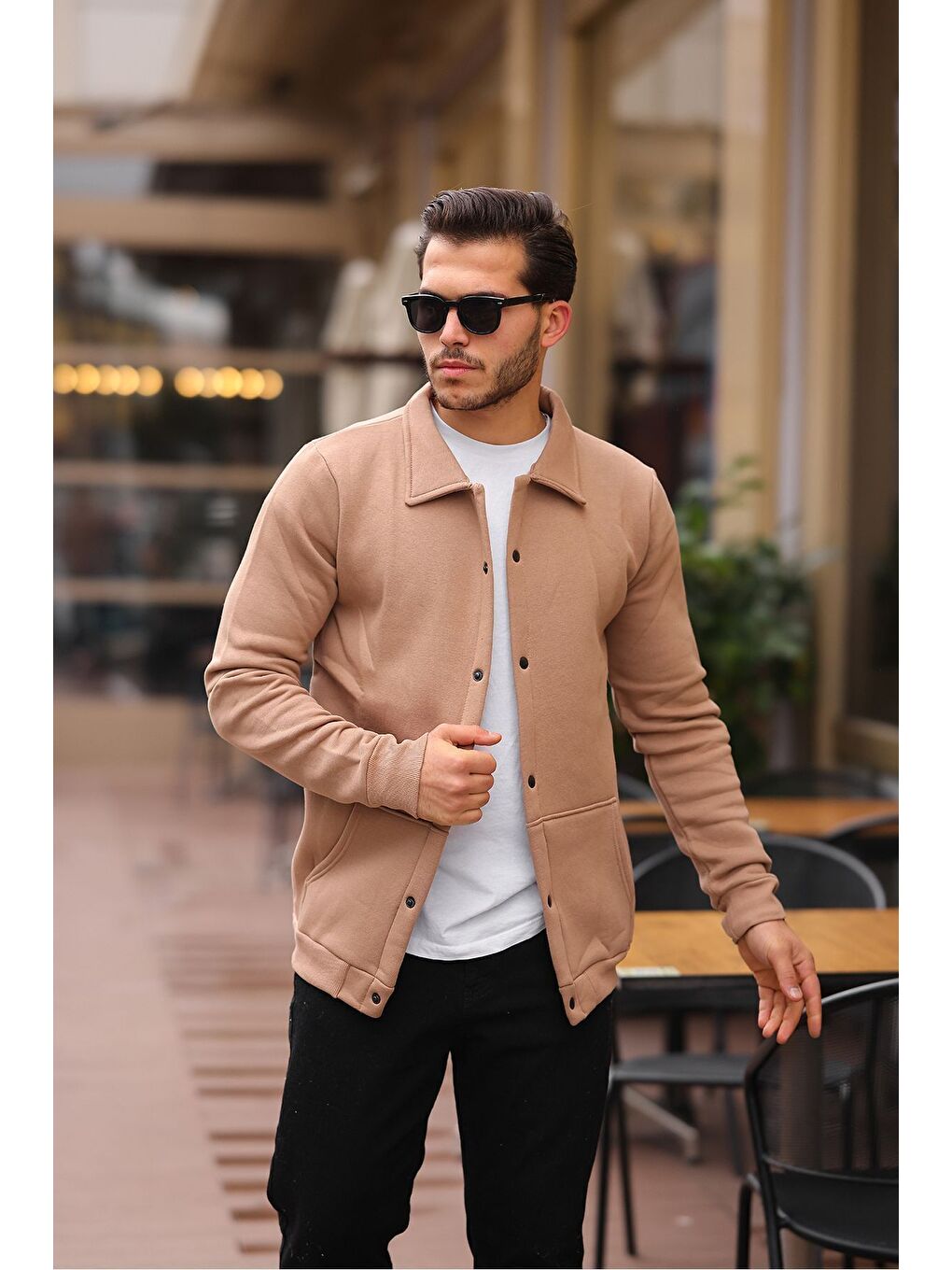 Bej Çıtçıtlı Cepli İçi Şardonlu Sweatshirt Ceket-2