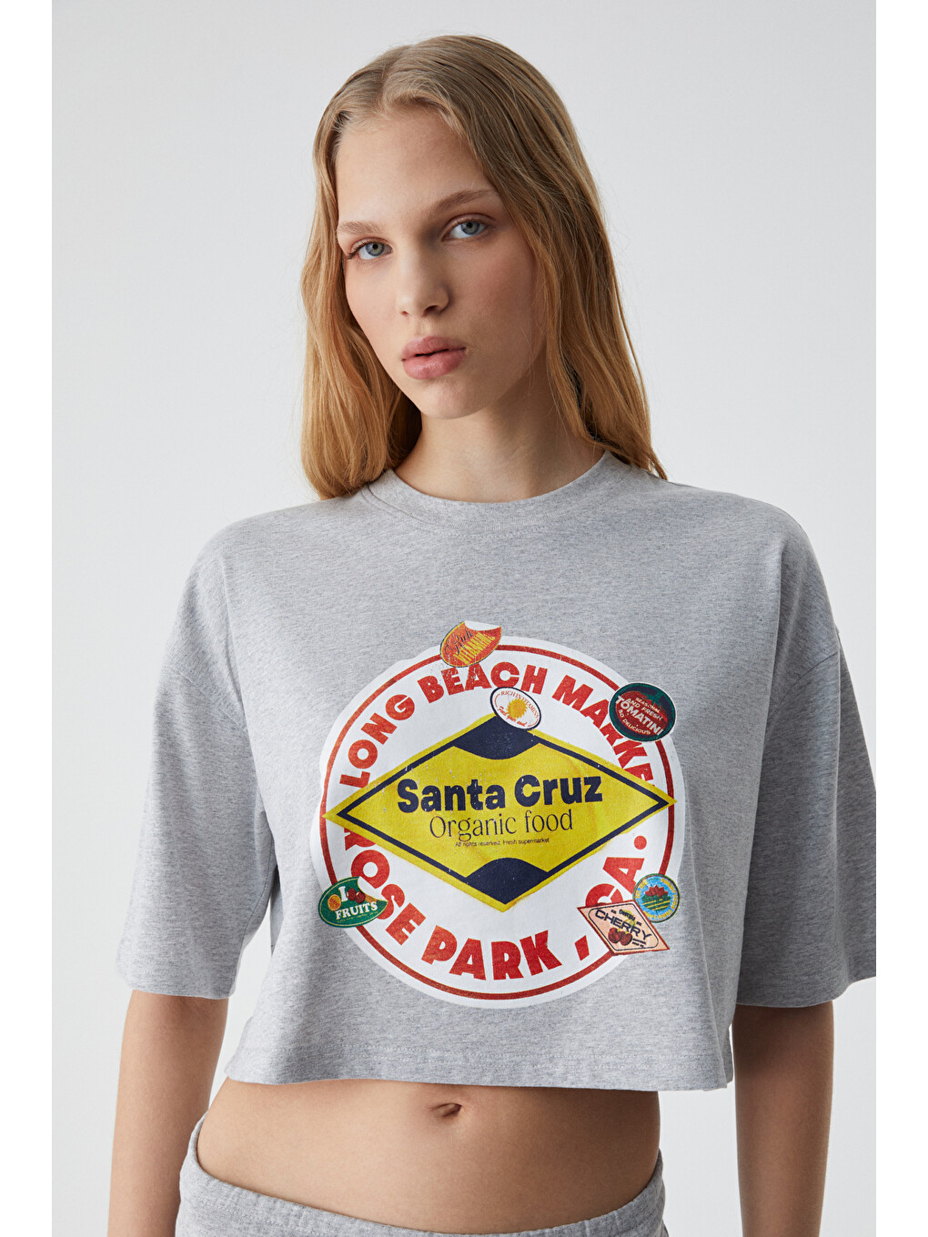 Ahrı Kadın Relaxed Bisiklet Yaka Baskılı Gri Melanj T-shirt-1