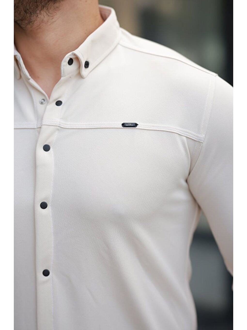 Beyaz Erkek çıtçıt Düğmeli Dikiş Detaylı Uzun Kollu Gömlek-2