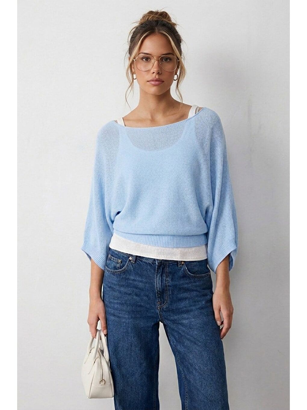 Bebe Mavi Geniş Yaka Çift Katlı Triko Kazak Mg2780