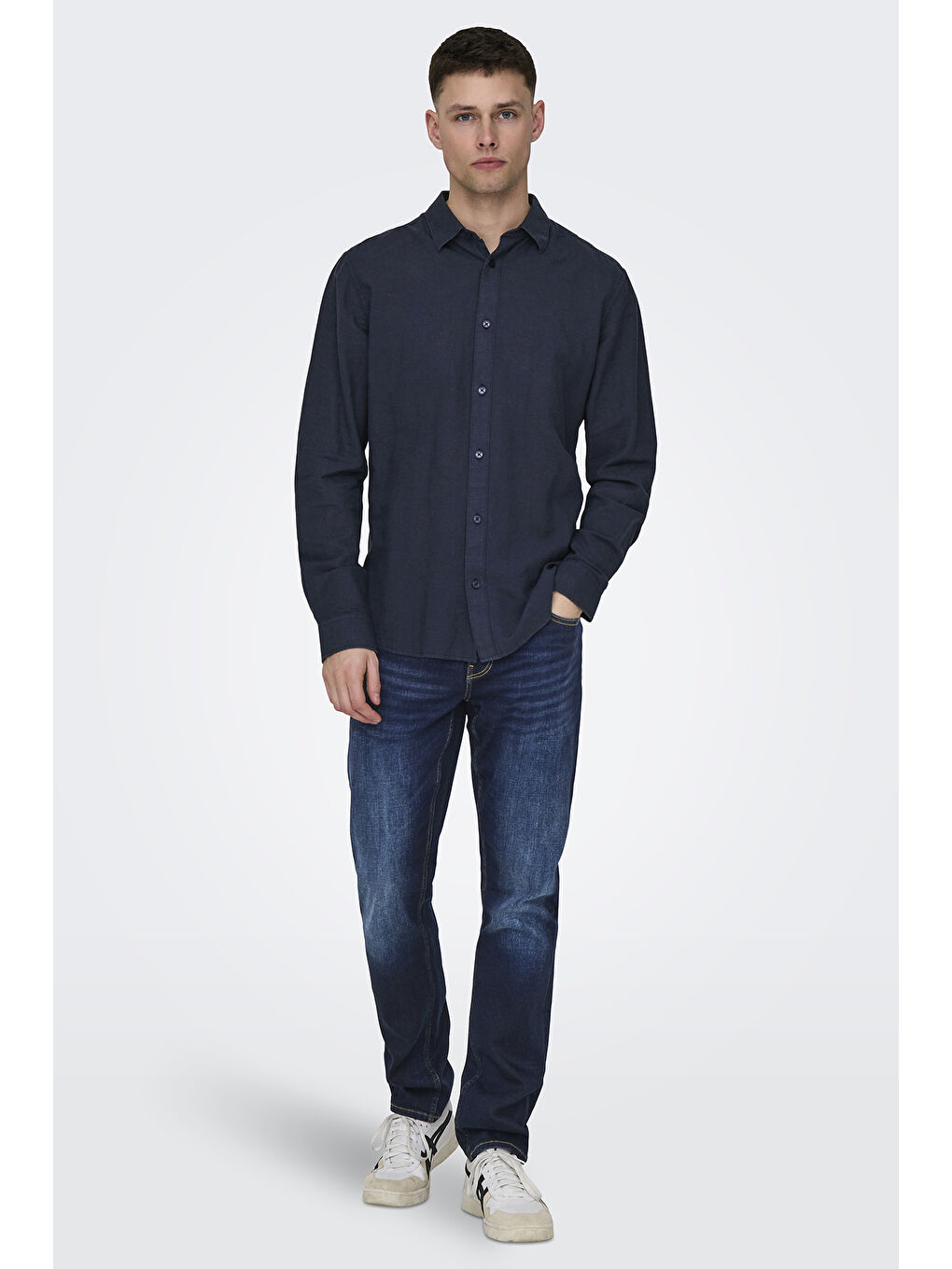 Lacivert Onscaiden Keten ve Pamuk Karışımlı Slim Fit Gömlek 22012321-1