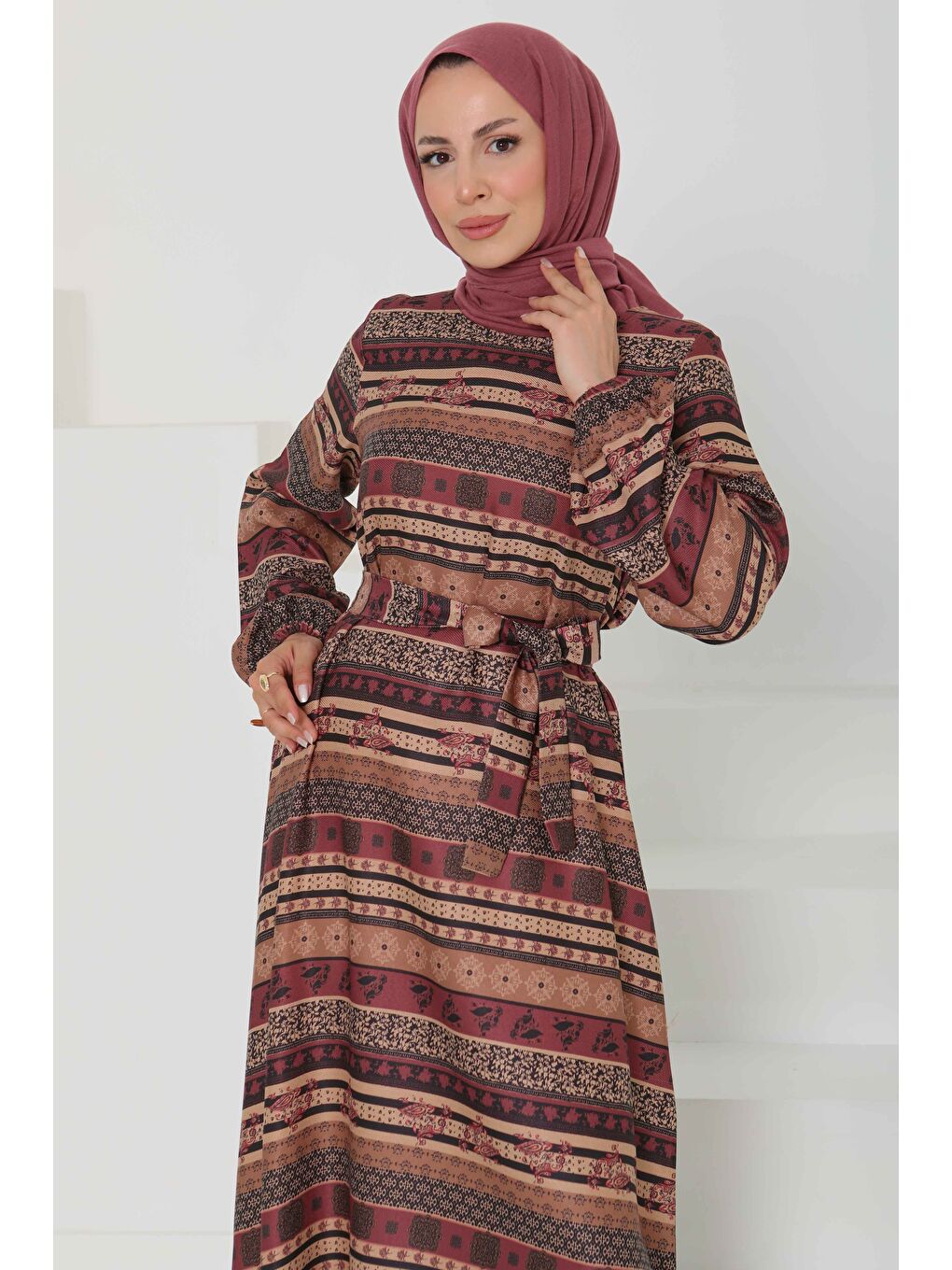 Desenli Kuşaklı Elbise Mürdüm - 27106