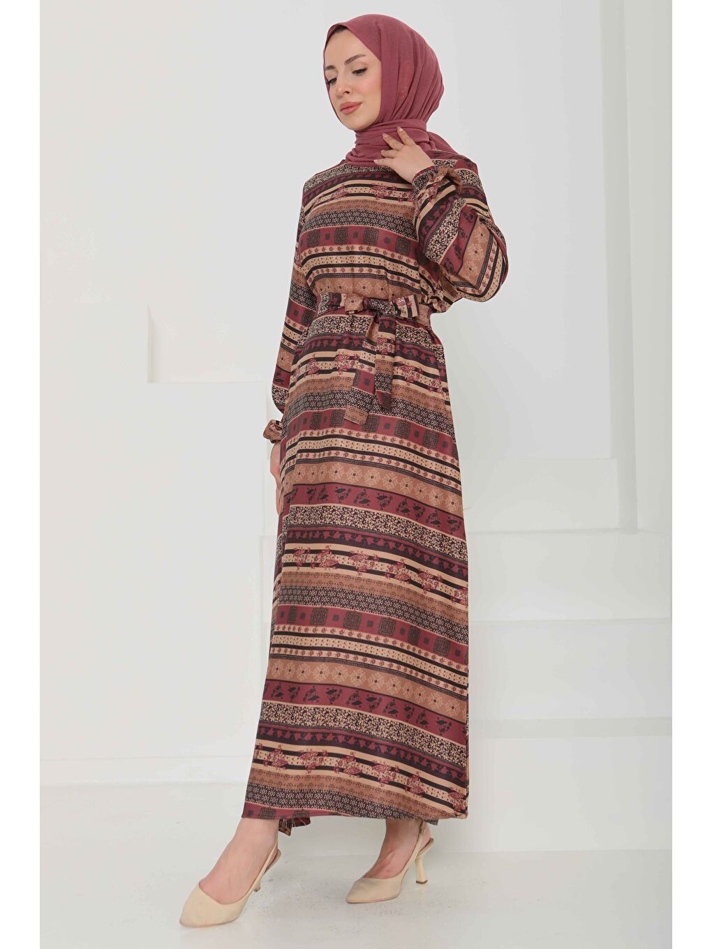 Desenli Kuşaklı Elbise Mürdüm - 27106-1