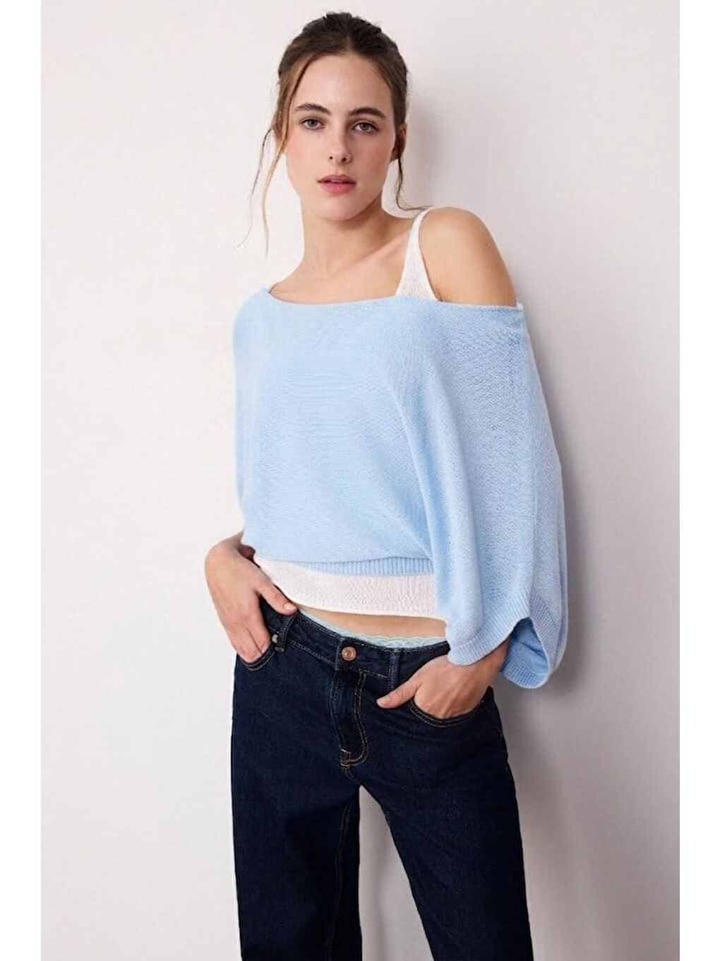 Bebe Mavi Geniş Yaka Çift Katlı Triko Kazak Mg2780-1