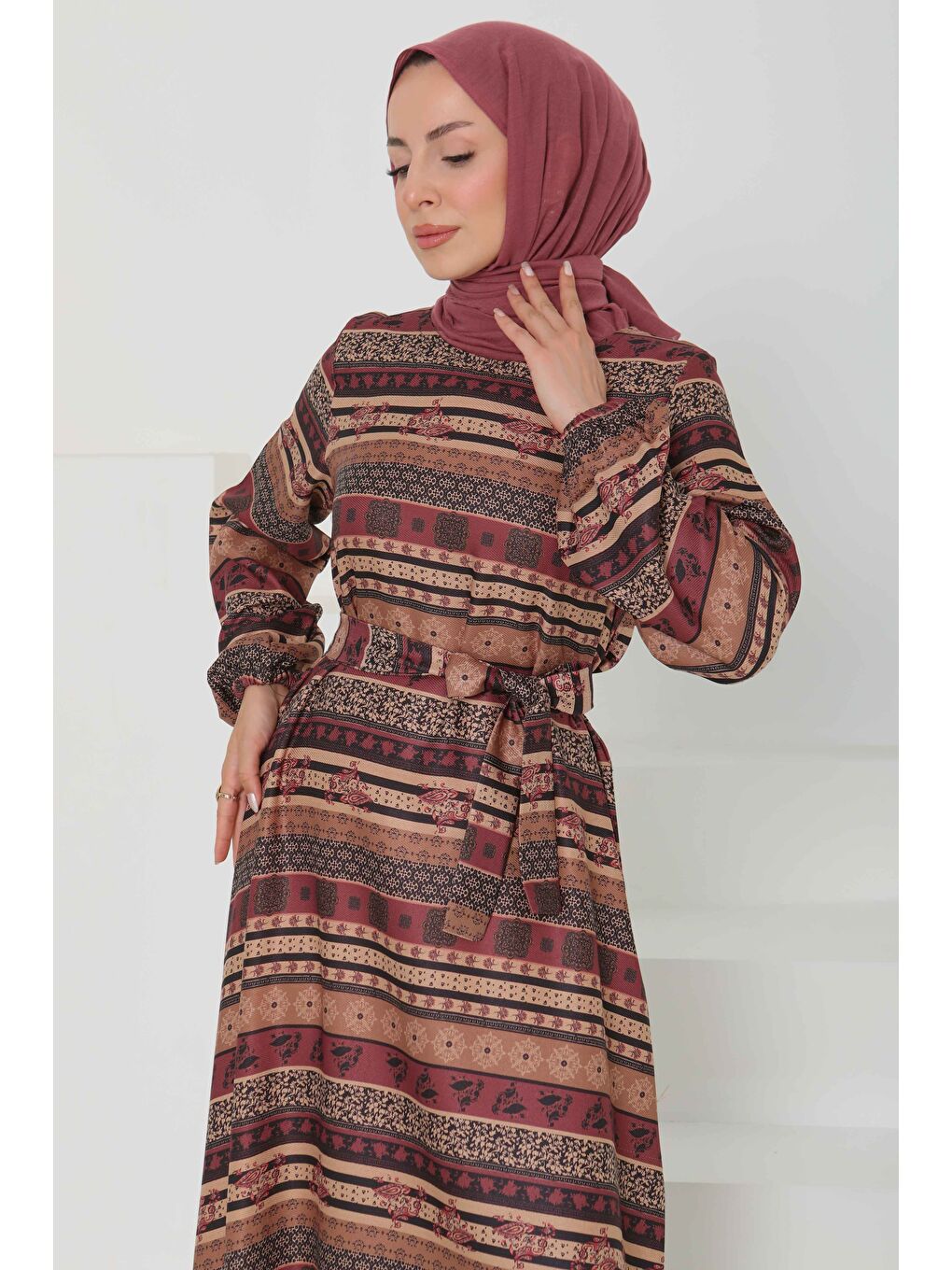 Desenli Kuşaklı Elbise Mürdüm - 27106-2