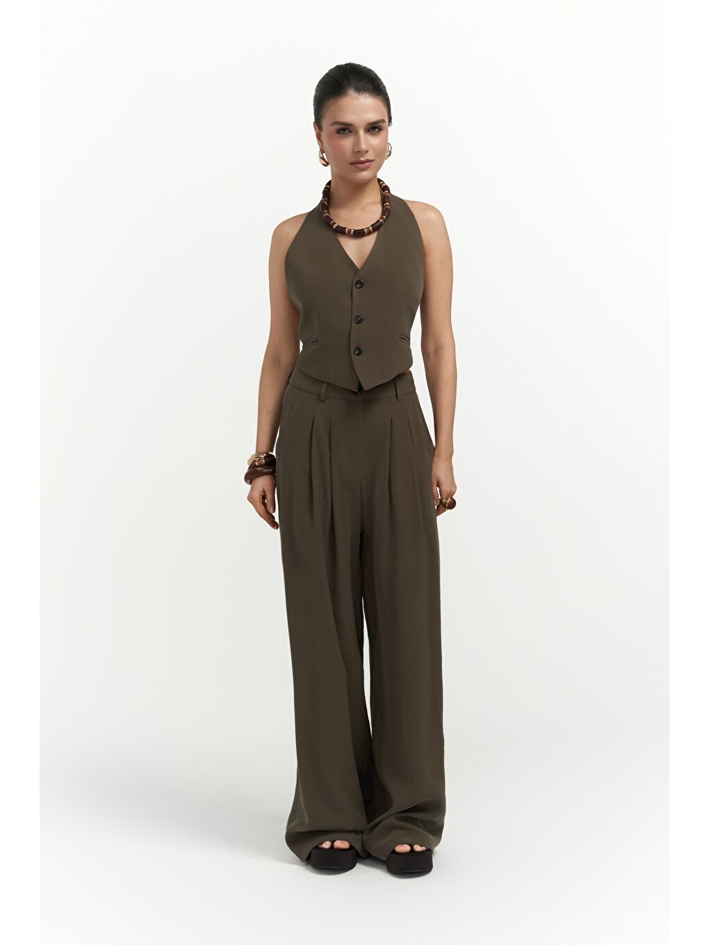 Pailey Sırt Dekolteli Haki Yelek Pantolon Takım-3