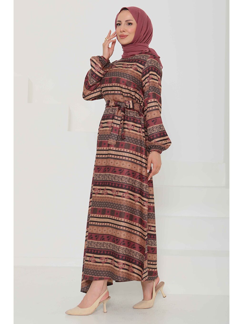 Desenli Kuşaklı Elbise Mürdüm - 27106-3